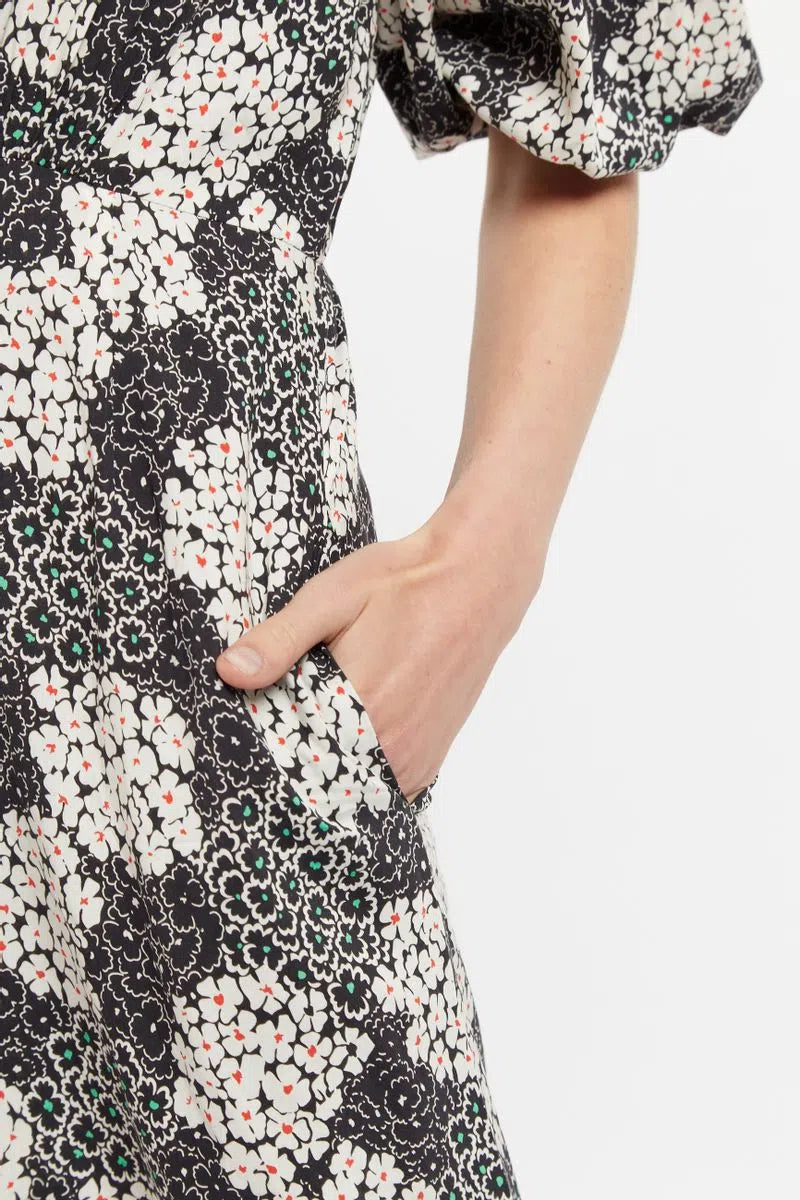 Leonore Flower Patch Balloon Sleeve Midi Dress in Black & White - Detail 2