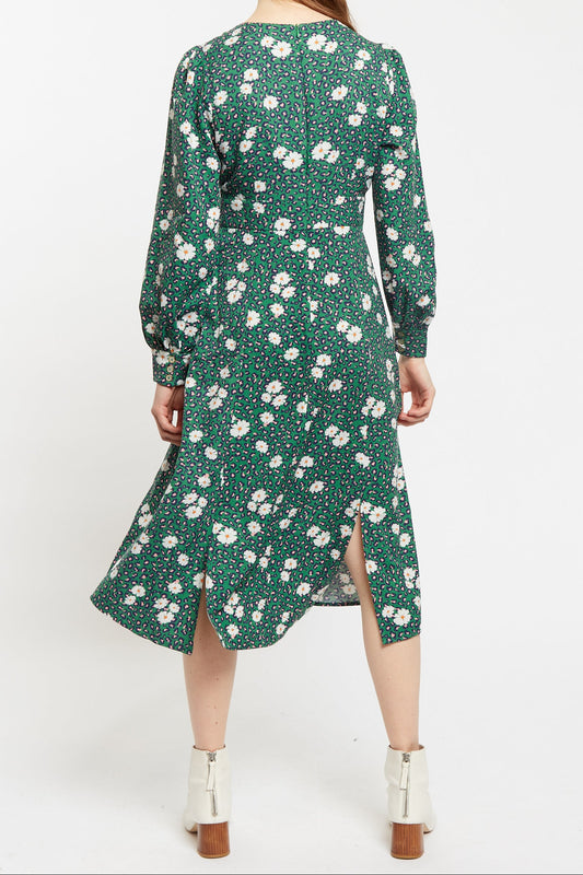 Liv Roaring Daisy Print Long Sleeve Midi Dress - Green