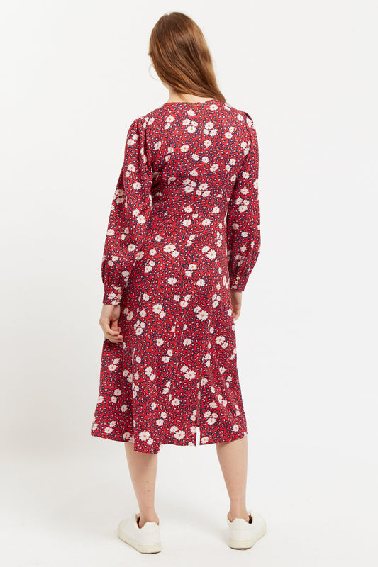 Louche Liv Roaring Daisy Print Long Sleeve Midi Dress - Red