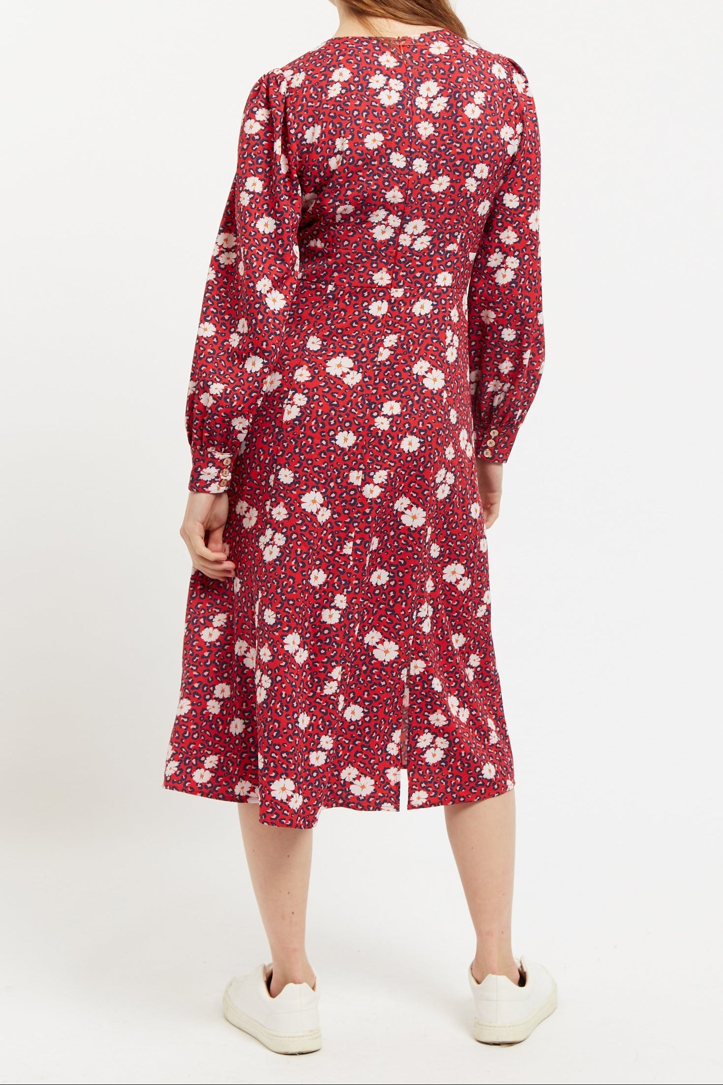 Louche Liv Roaring Daisy Print Long Sleeve Midi Dress - Red - Back