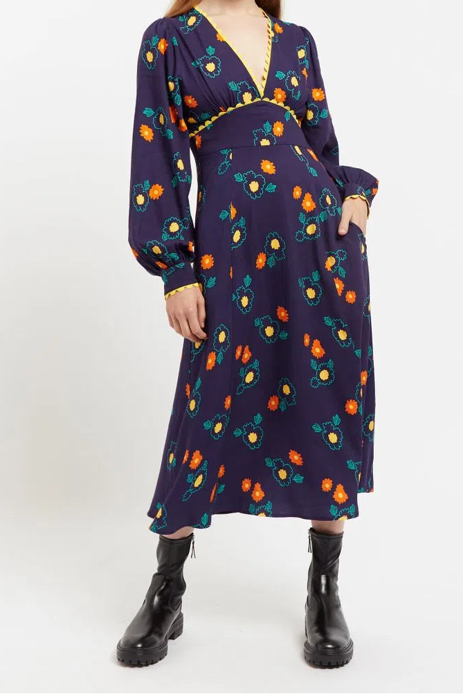 Marize Clarice Floral Print V Neck Long Sleeve Midi Dress