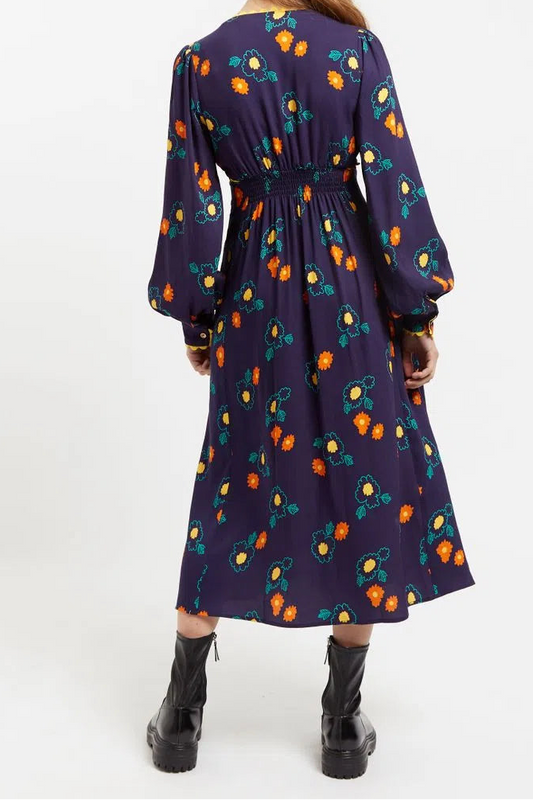 Marize Clarice Floral Print V Neck Long Sleeve Midi Dress