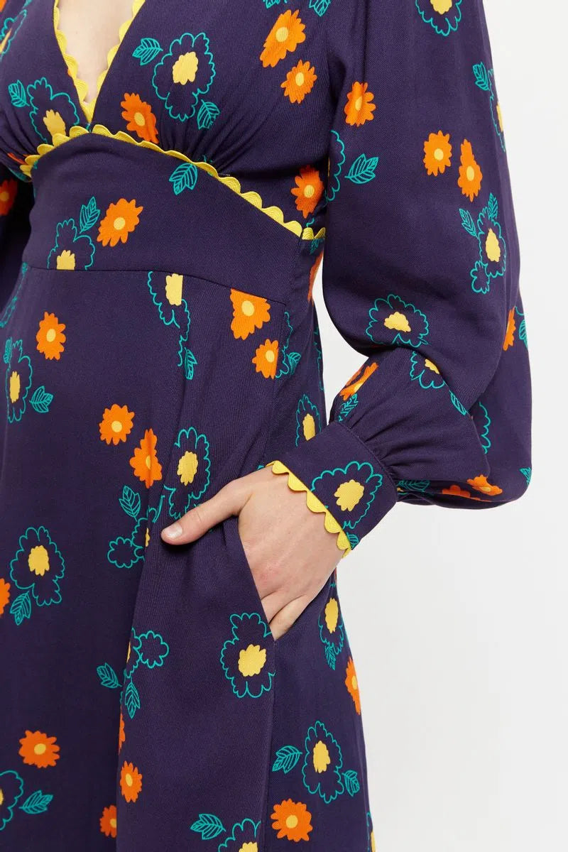 Marize Clarice Floral Print V Neck Long Sleeve Midi Dress - Detail 1