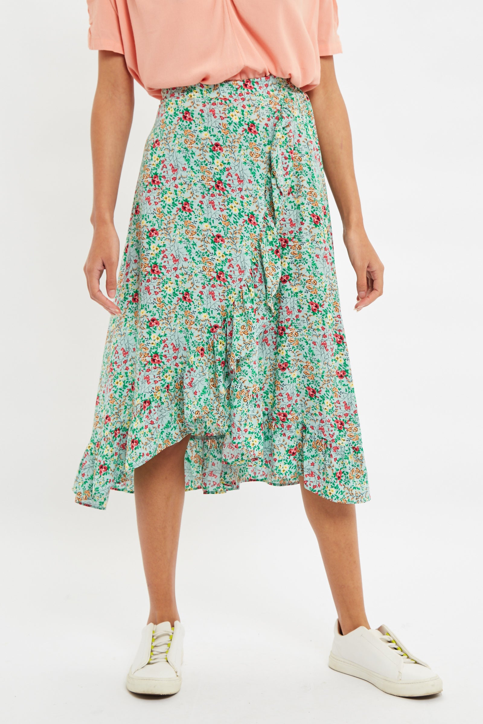 Louche Mara Flower Show Print Ruffle Hem Wrap Midi Skirt