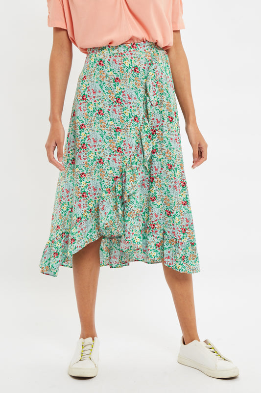 Louche Mara Flower Show Print Ruffle Hem Wrap Midi Skirt