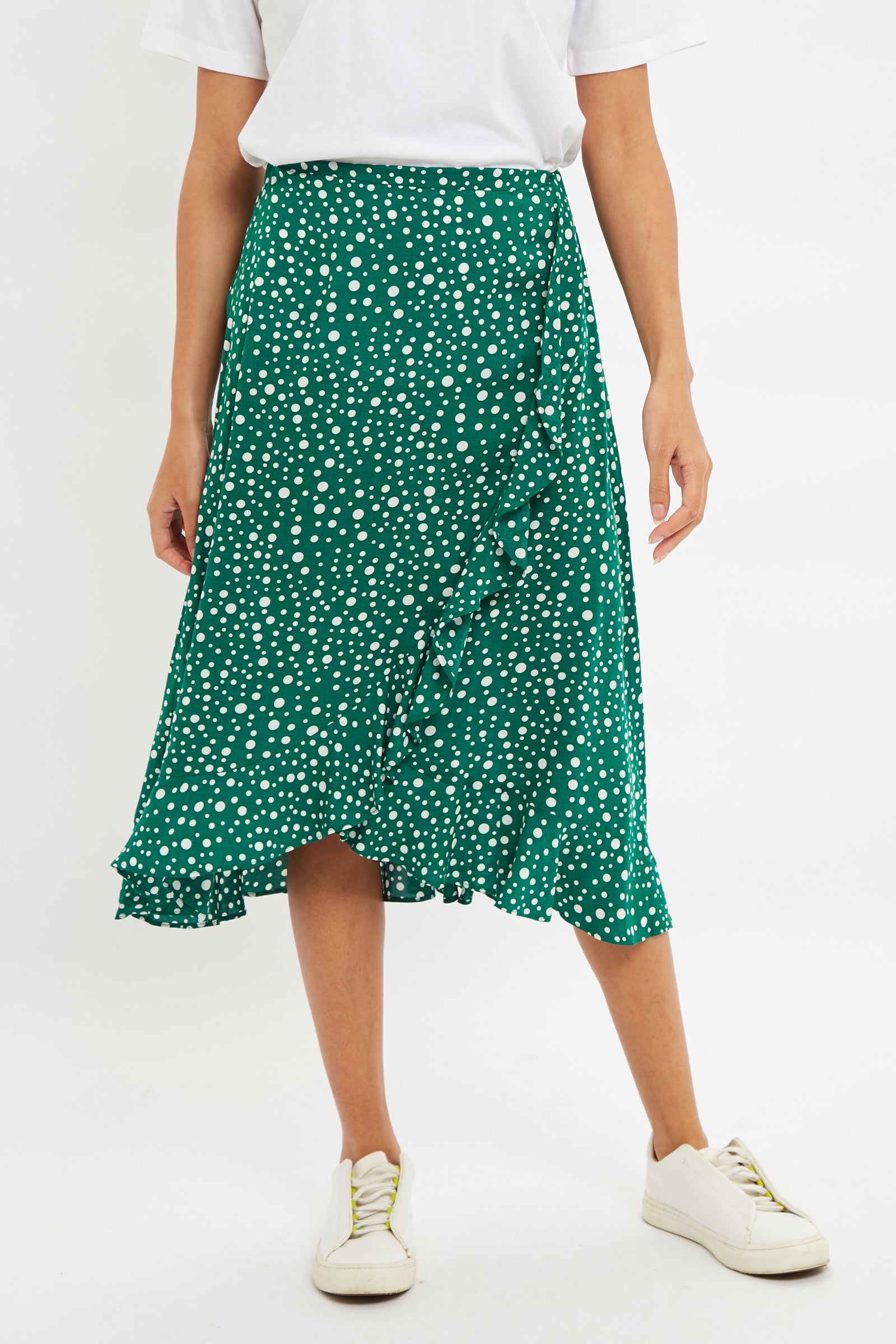 Louche Mara Spot It Print Ruffle Hem Wrap Midi Skirt Green