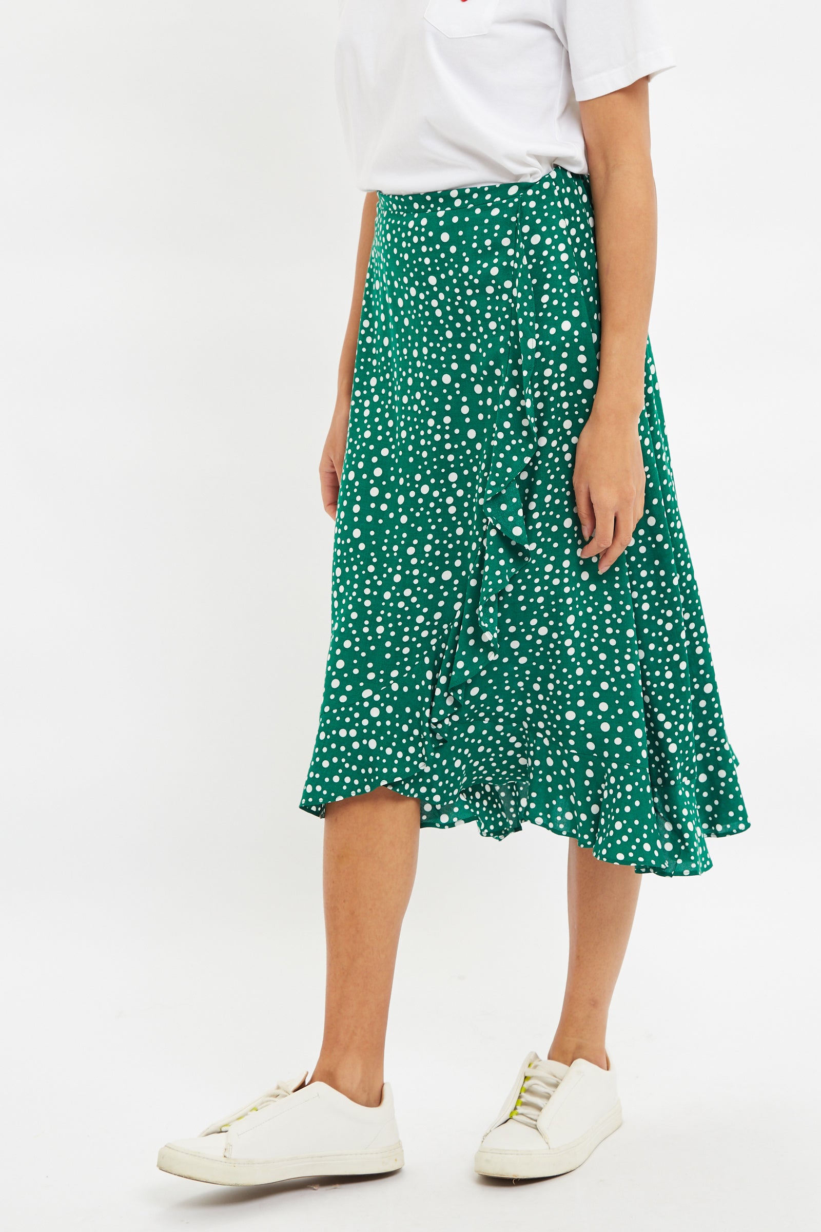 Louche Mara Spot It Print Ruffle Hem Wrap Midi Skirt Green