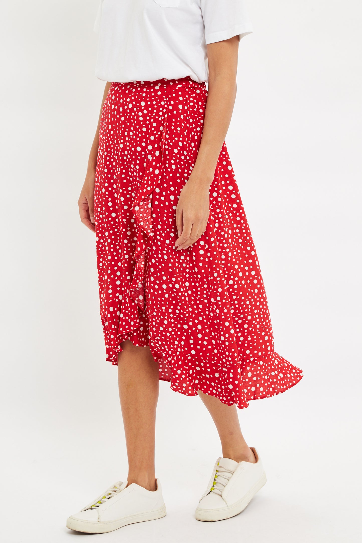 Louche Mara Spot It Print Ruffle Hem Wrap Midi Skirt Red