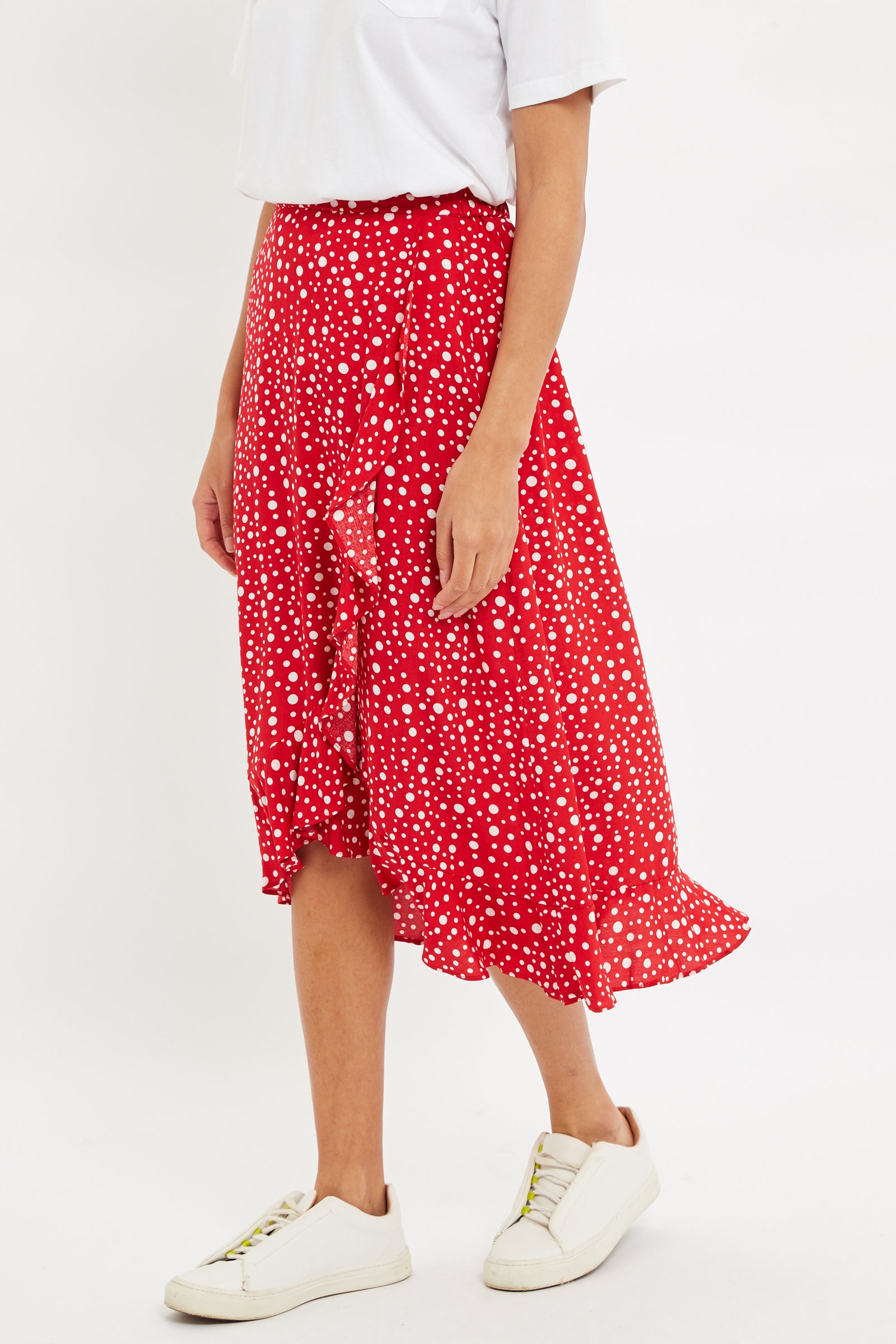 Louche Mara Spot It Print Ruffle Hem Wrap Midi Skirt Red