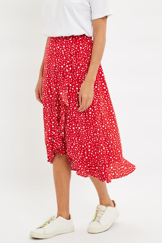Louche Mara Spot It Print Ruffle Hem Wrap Midi Skirt Red