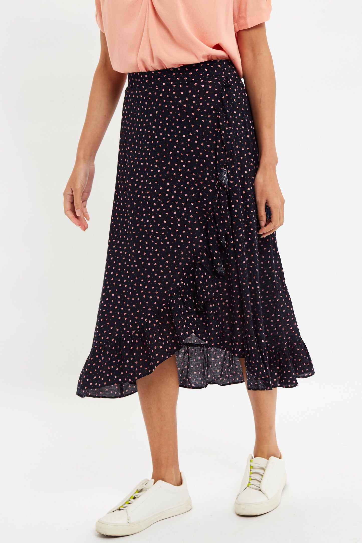 Louche Mara Teeny Flower Bud Print Ruffle Hem Wrap Midi Skirt