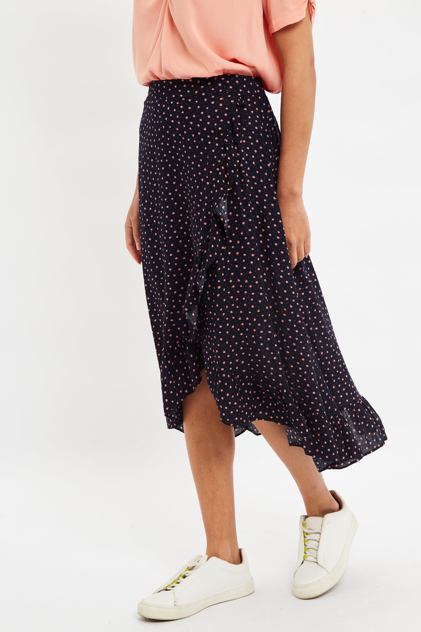 Louche Mara Teeny Flower Bud Print Ruffle Hem Wrap Midi Skirt