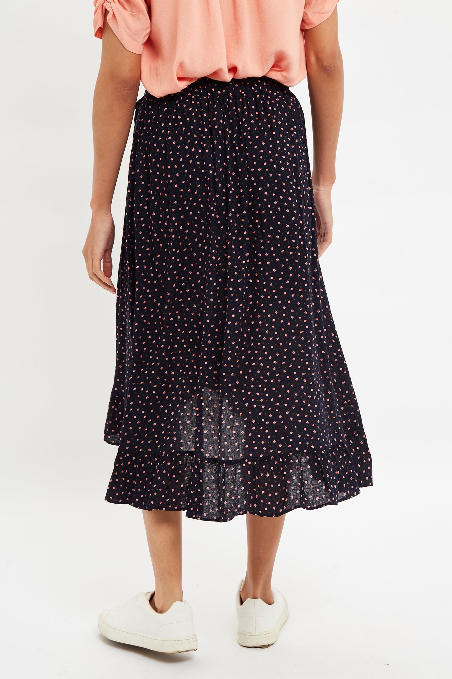 Louche Mara Teeny Flower Bud Print Ruffle Hem Wrap Midi Skirt