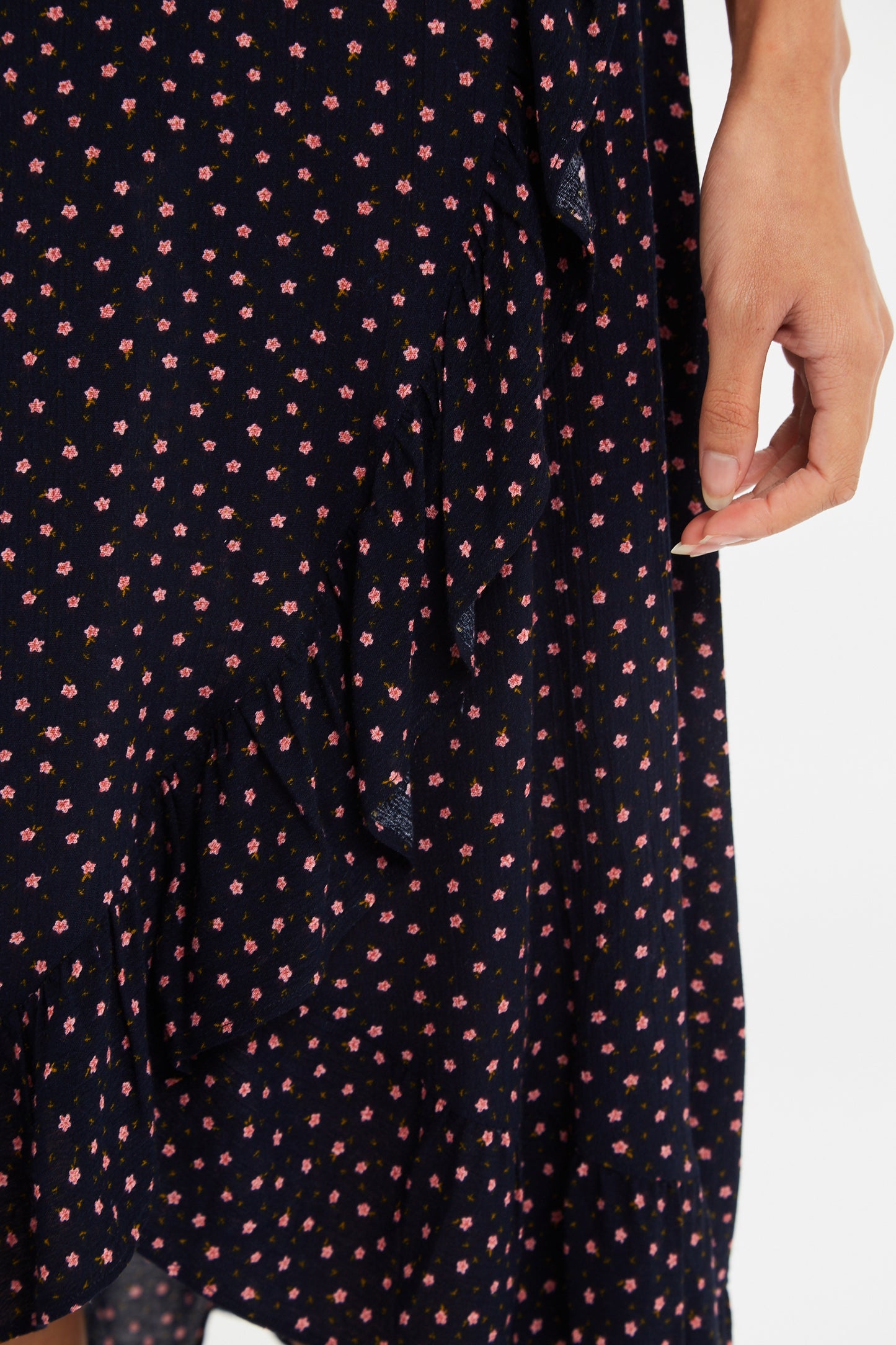 Louche Mara Teeny Flower Bud Print Ruffle Hem Wrap Midi Skirt