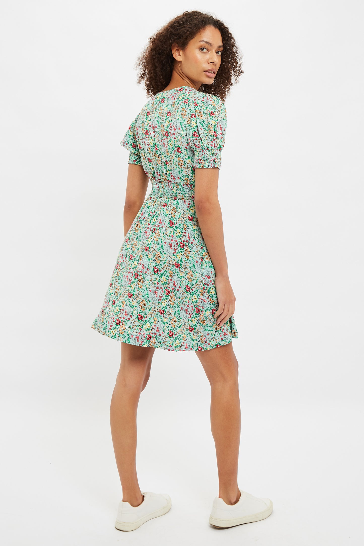 Louche Merle Flower Show Print V Neck Short Sleeve Tea Dress Green