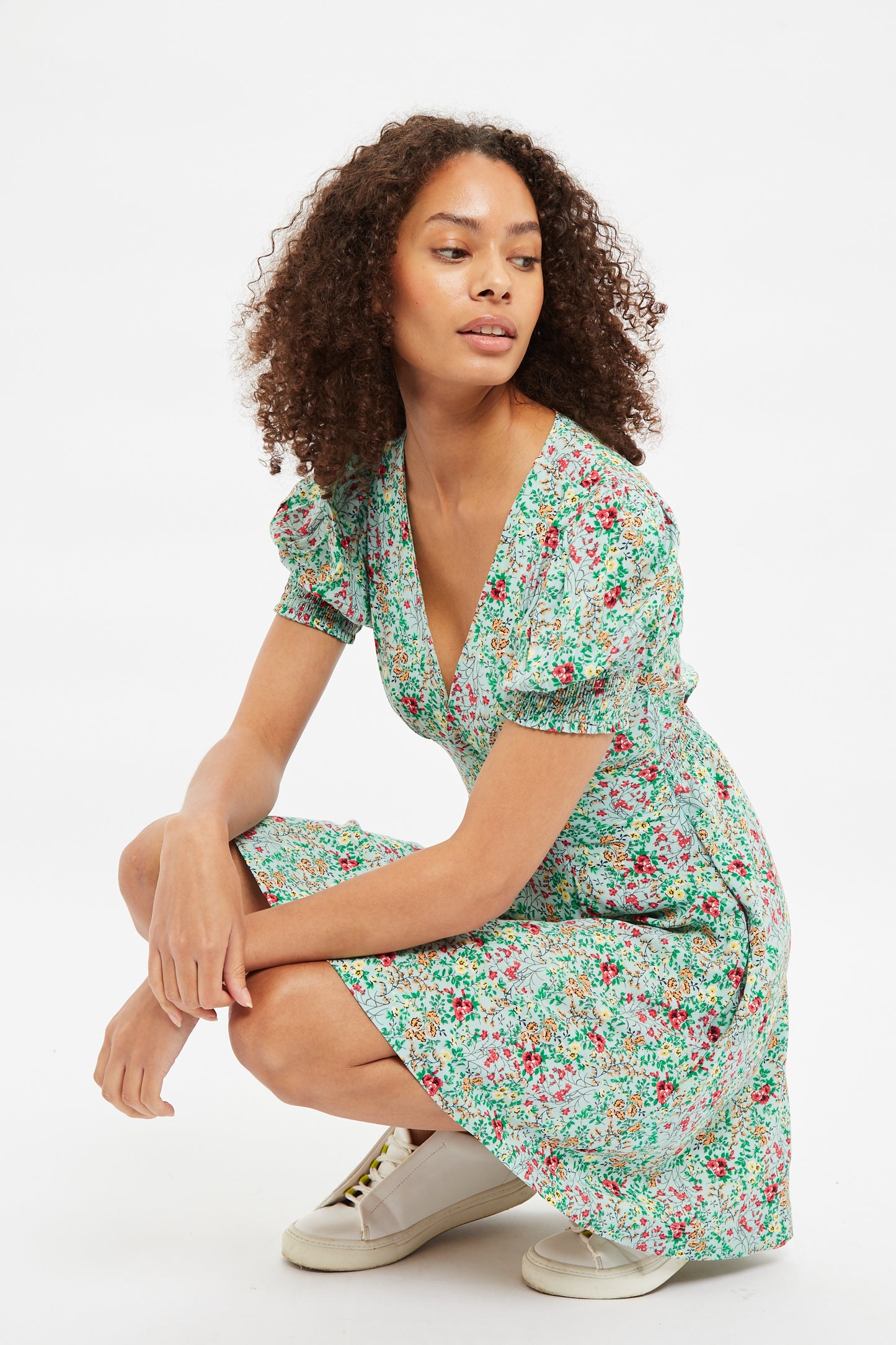 Louche Merle Flower Show Print V Neck Short Sleeve Tea Dress Green