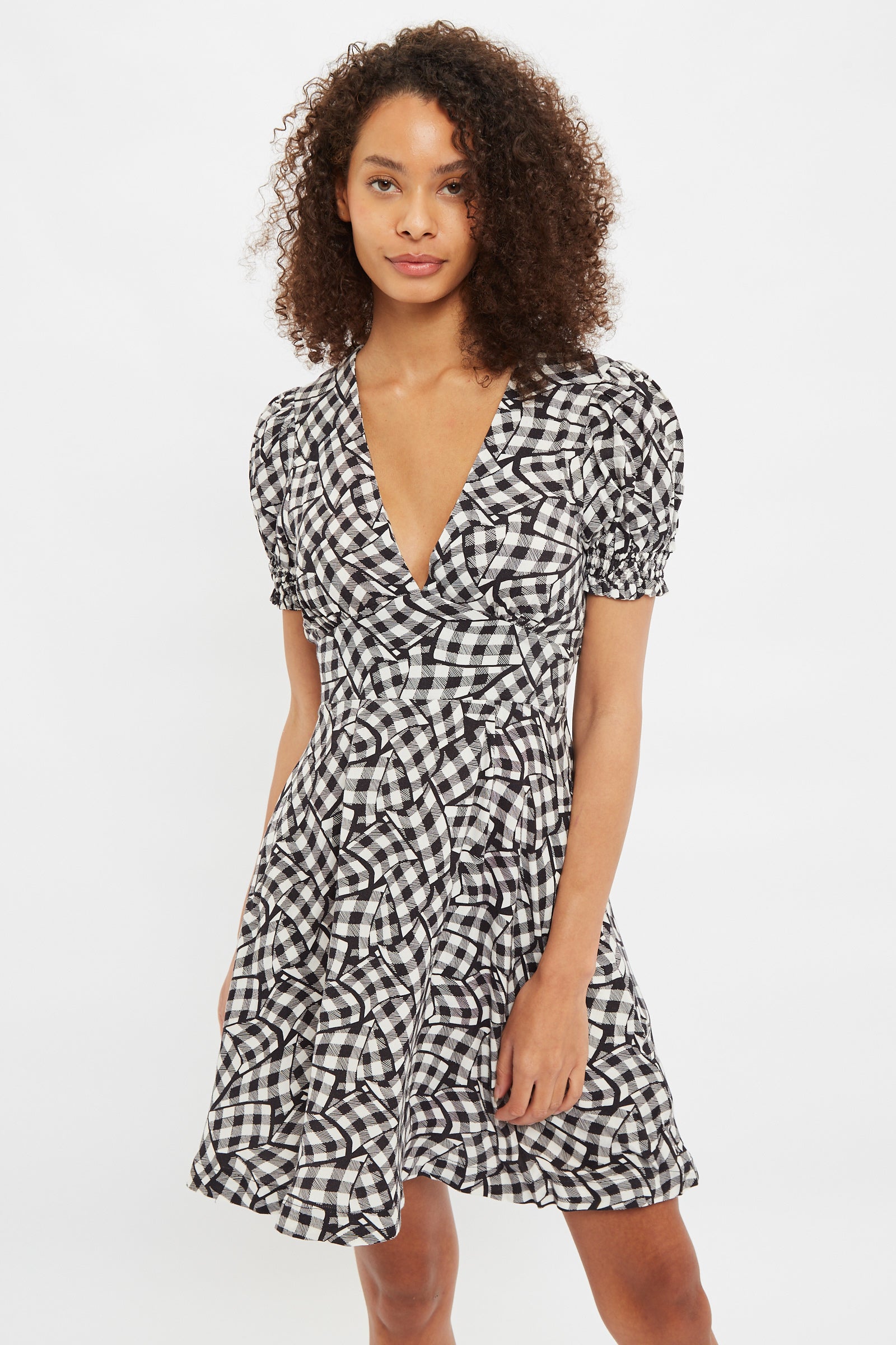 Merle Gingham Twist Print V Neck Mini Tea Dress