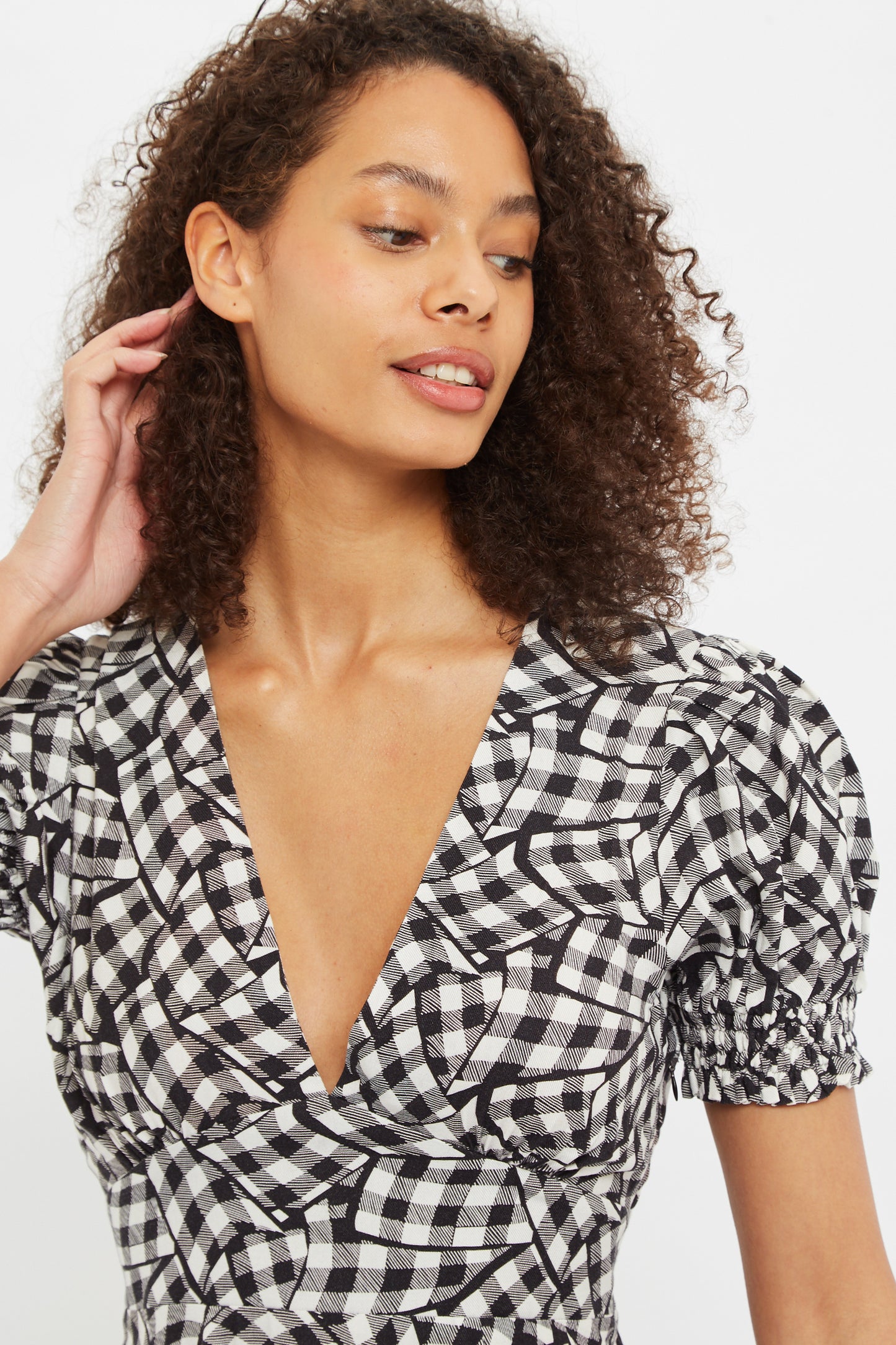 Merle Gingham Twist Print V Neck Mini Tea Dress