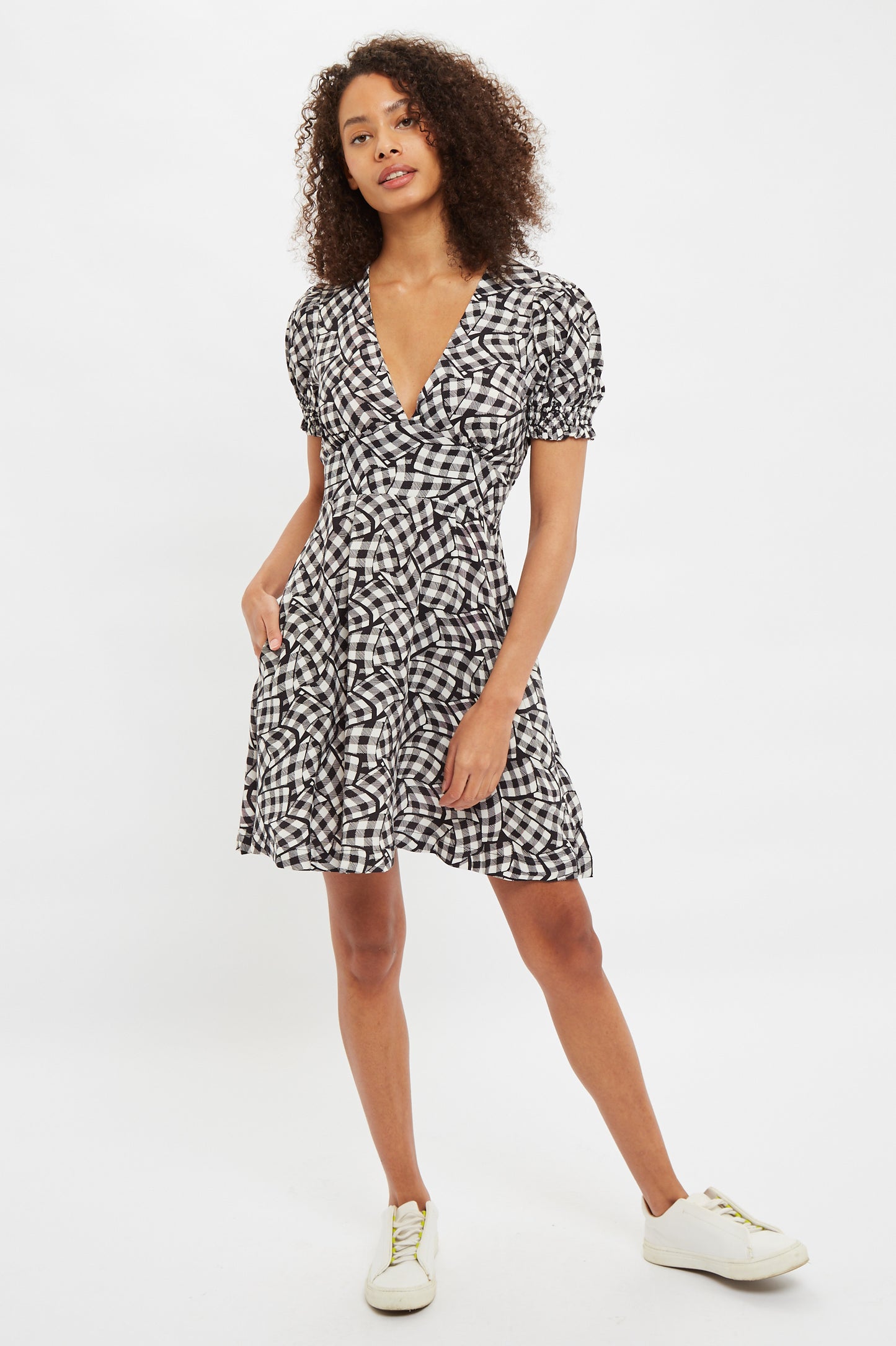 Merle Gingham Twist Print V Neck Mini Tea Dress
