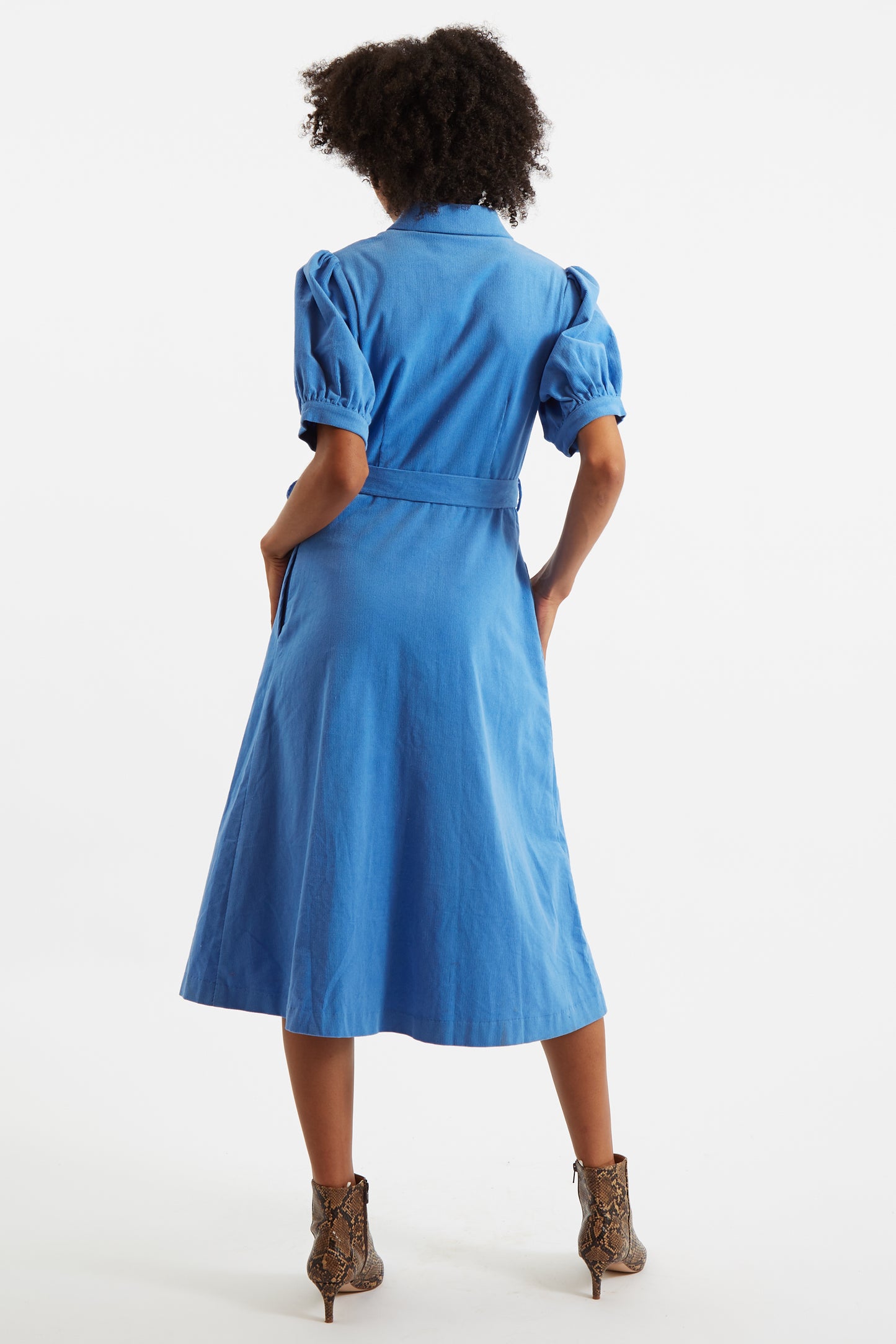 Mollie Baby Cord Blue Puff Sleeve Midi Dress