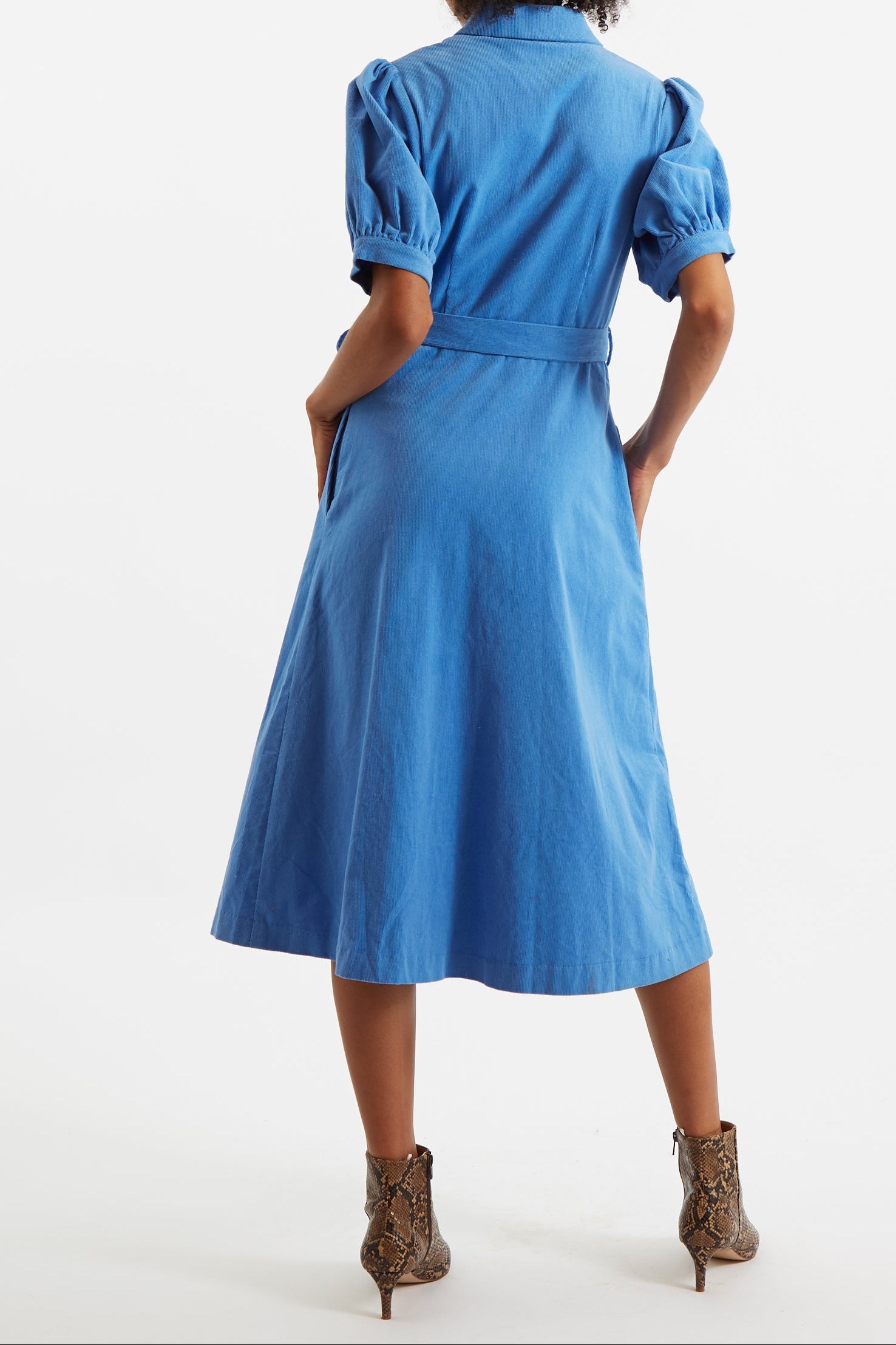Mollie Baby Cord Blue Puff Sleeve Midi Dress - Back