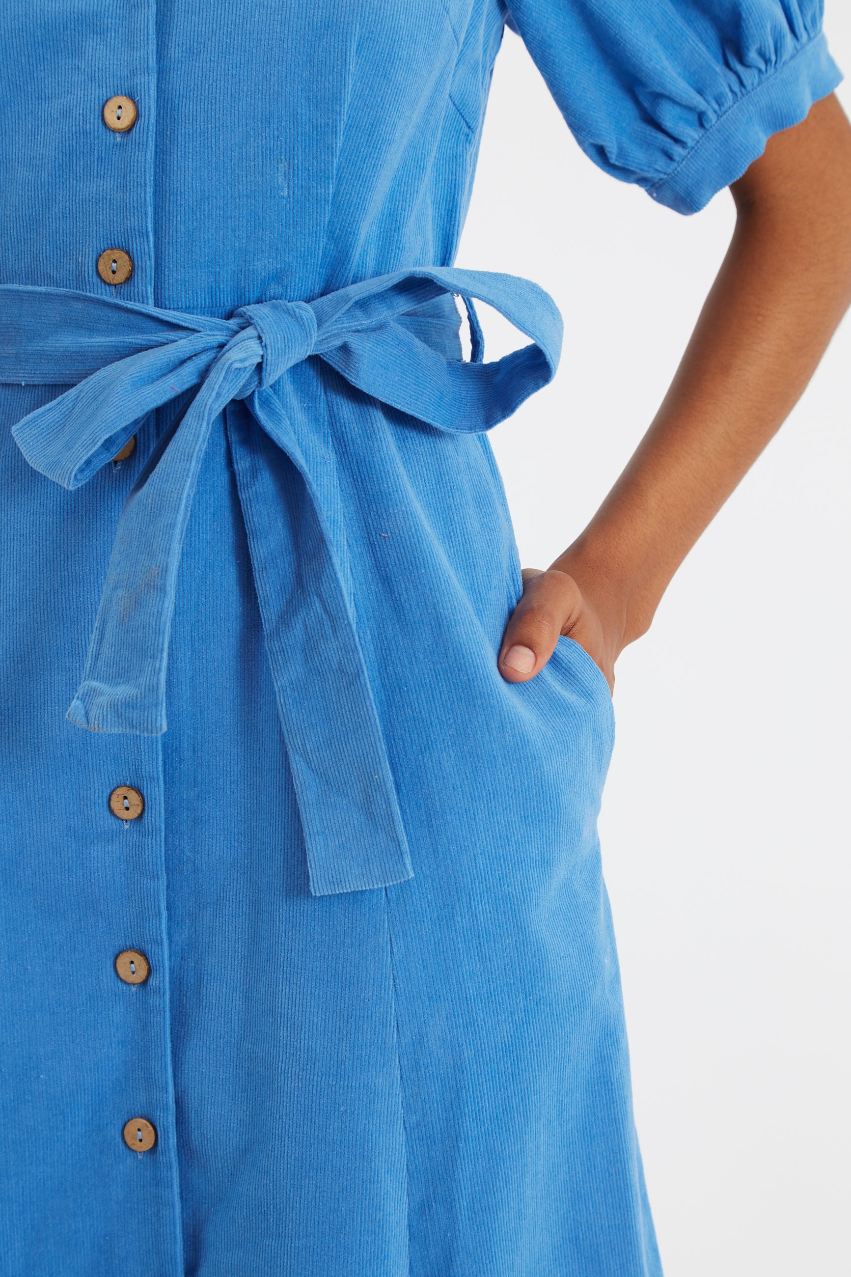 Mollie Baby Cord Blue Puff Sleeve Midi Dress - Detail 1
