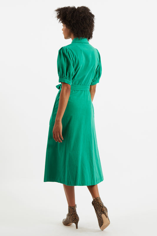 Mollie Baby Cord Puff Sleeve Midi Dress Green