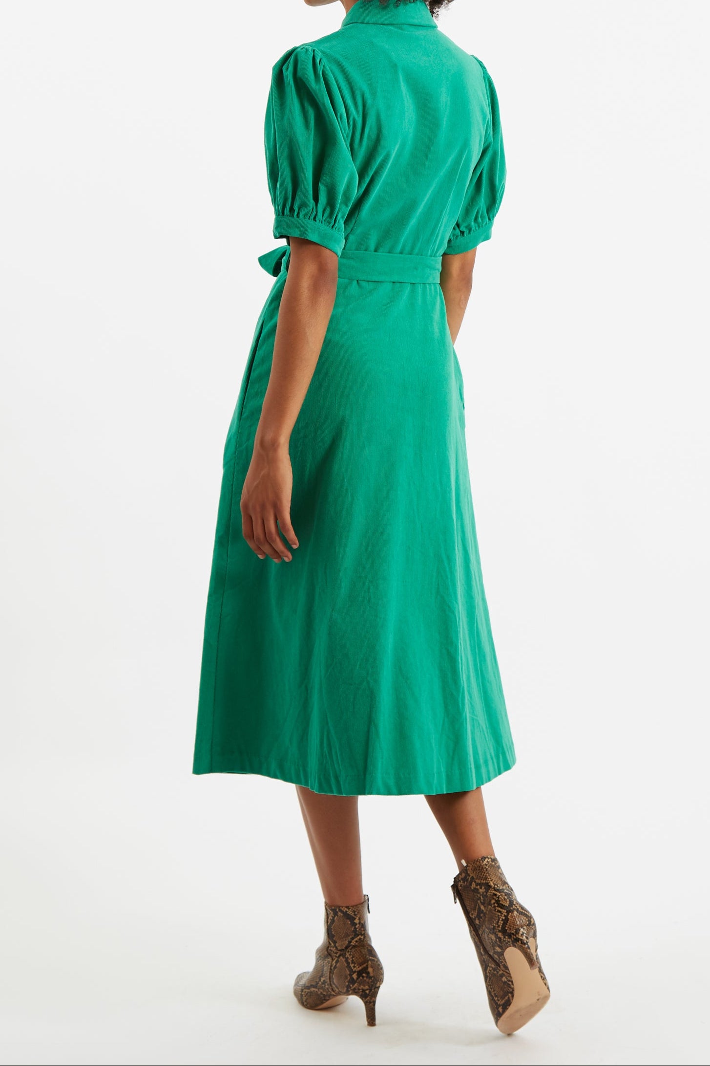Mollie Baby Cord Puff Sleeve Midi Dress Green - Back