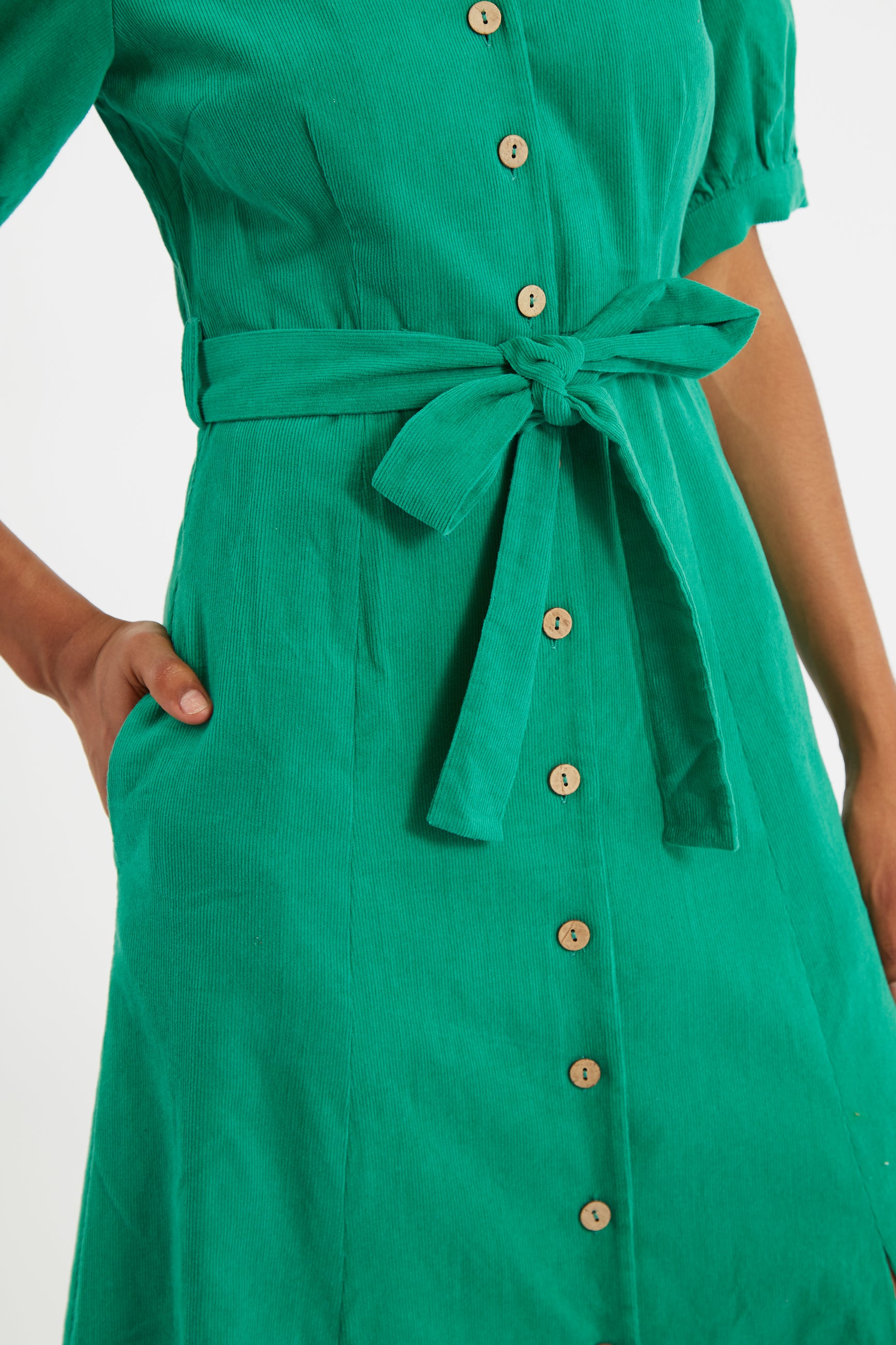 Mollie Baby Cord Puff Sleeve Midi Dress Green - Detail 2