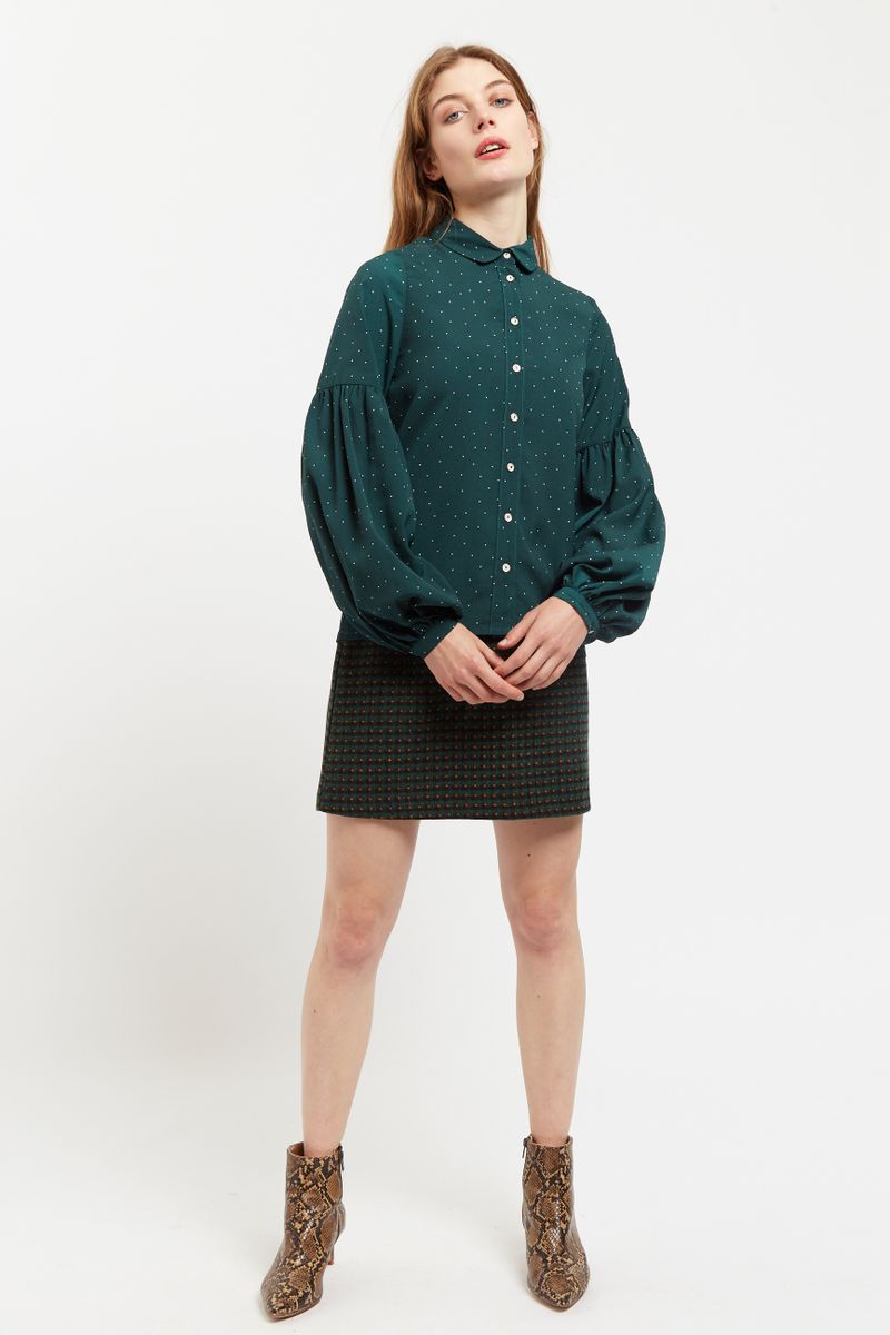 Louche Monroe Micro Dot Statement Sleeve Blouse in Green