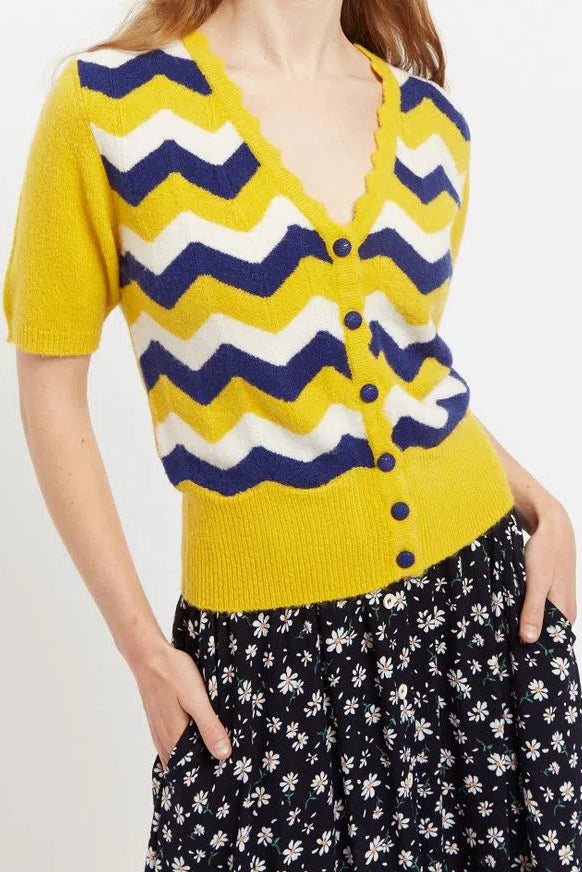 Louche Jeanie Zig Zag Stripe Short Sleeve Cardigan Mustard