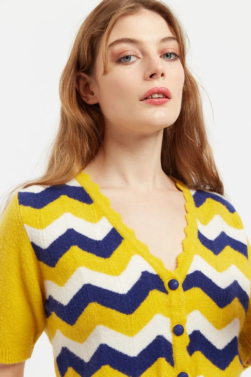 Louche Jeanie Zig Zag Stripe Short Sleeve Cardigan Mustard