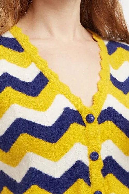 Louche Jeanie Zig Zag Stripe Short Sleeve Cardigan Mustard - Detail 1