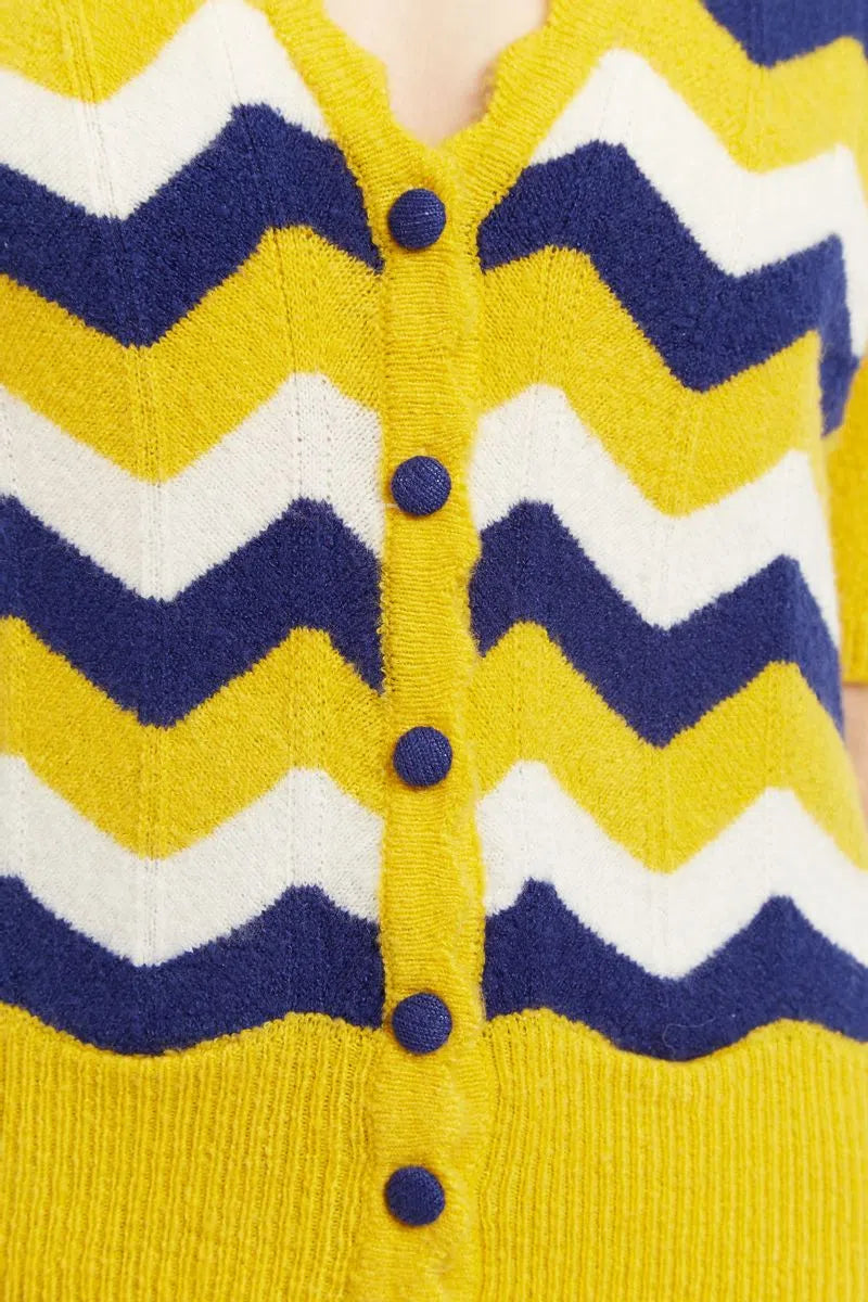 Louche Jeanie Zig Zag Stripe Short Sleeve Cardigan Mustard - Styled