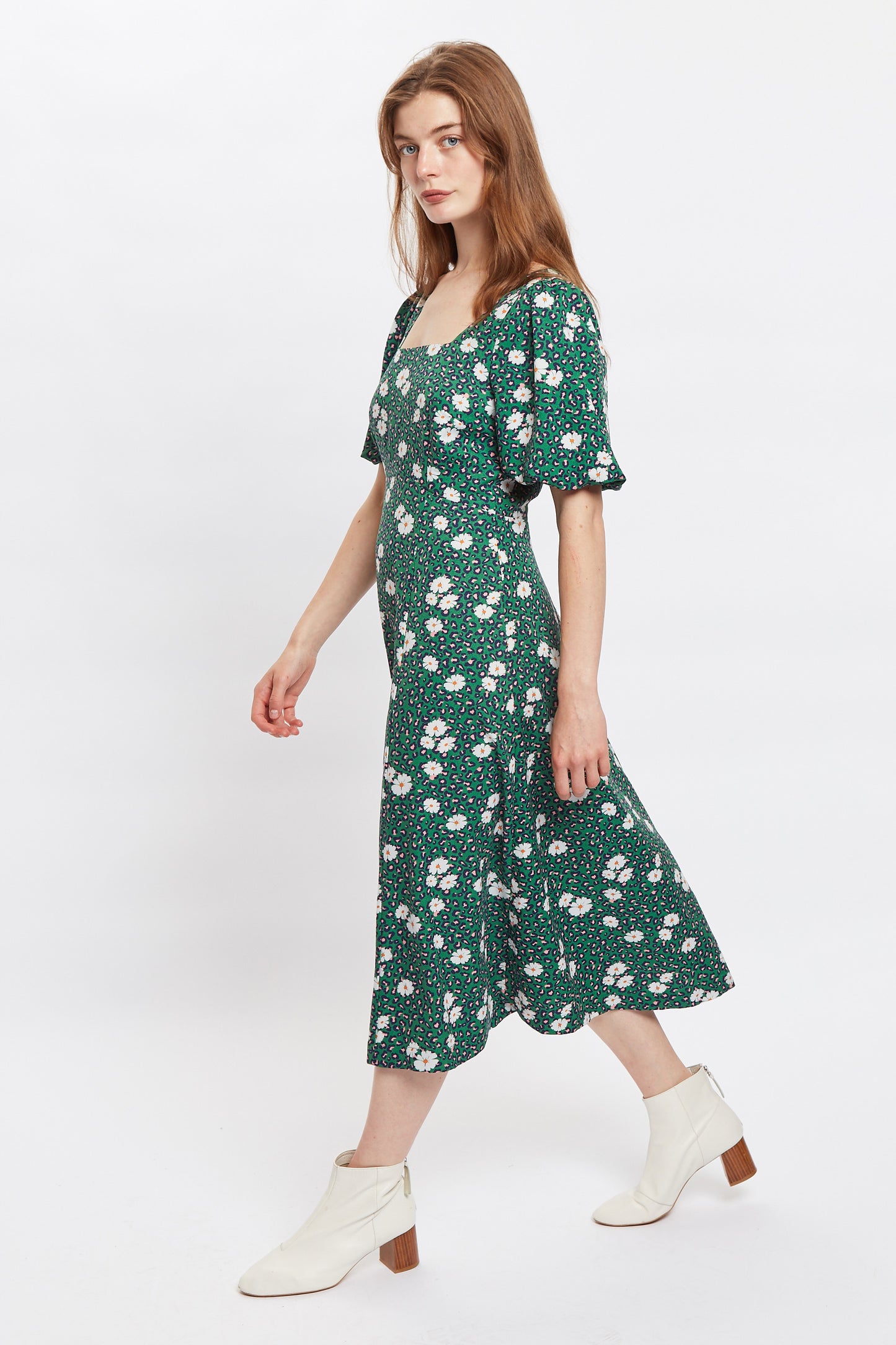 Louche Nadine Roaring Daisy Print Square Neck Balloon Sleeve Midi Dress - Green