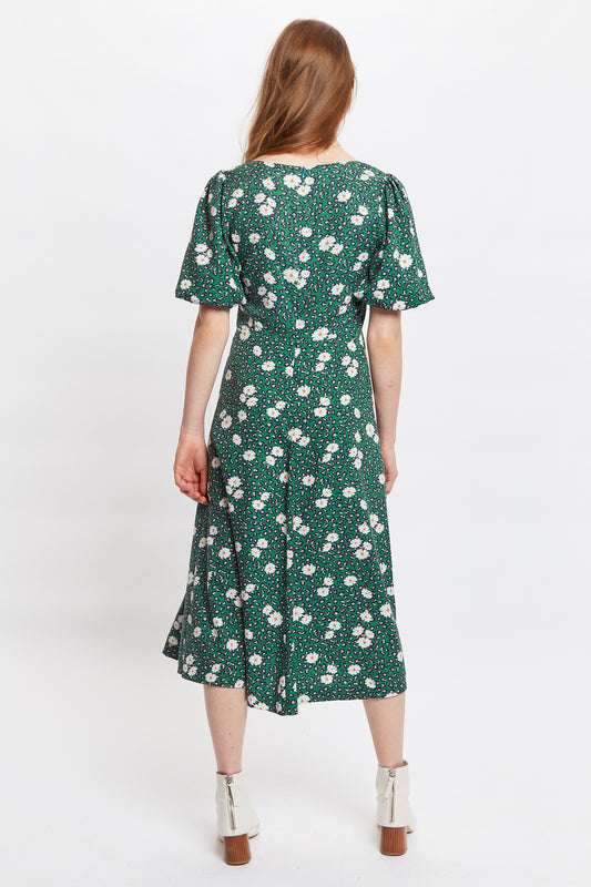 Louche Nadine Roaring Daisy Print Square Neck Balloon Sleeve Midi Dress - Green