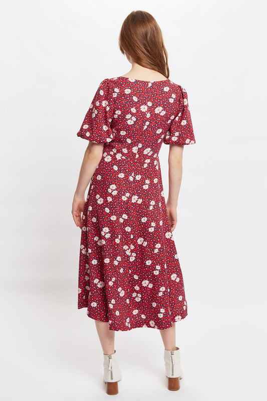 Nadine Roaring Daisy Print Square Neck Balloon Sleeve Midi Dress - Red
