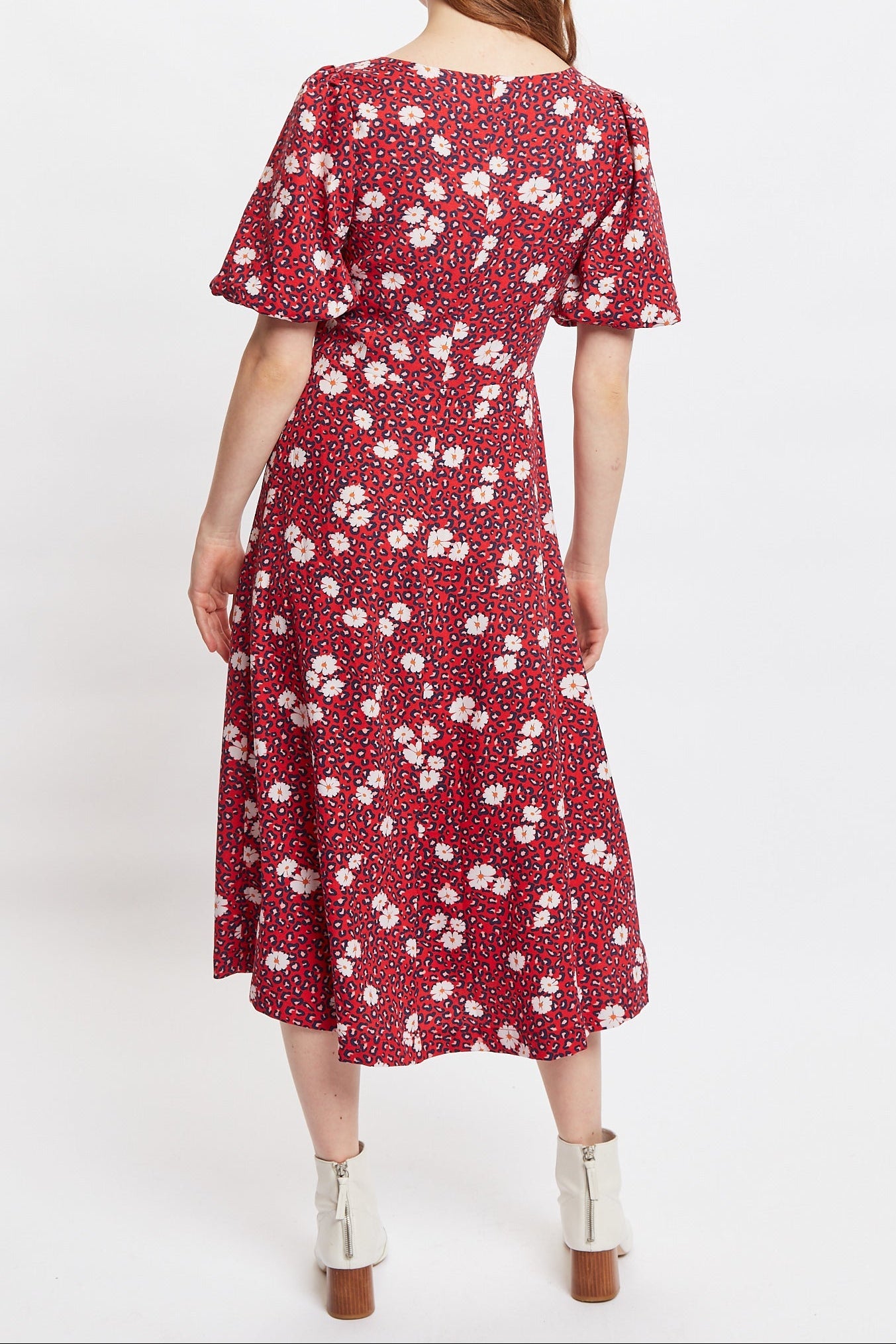 Nadine Roaring Daisy Print Square Neck Balloon Sleeve Midi Dress - Red - Back
