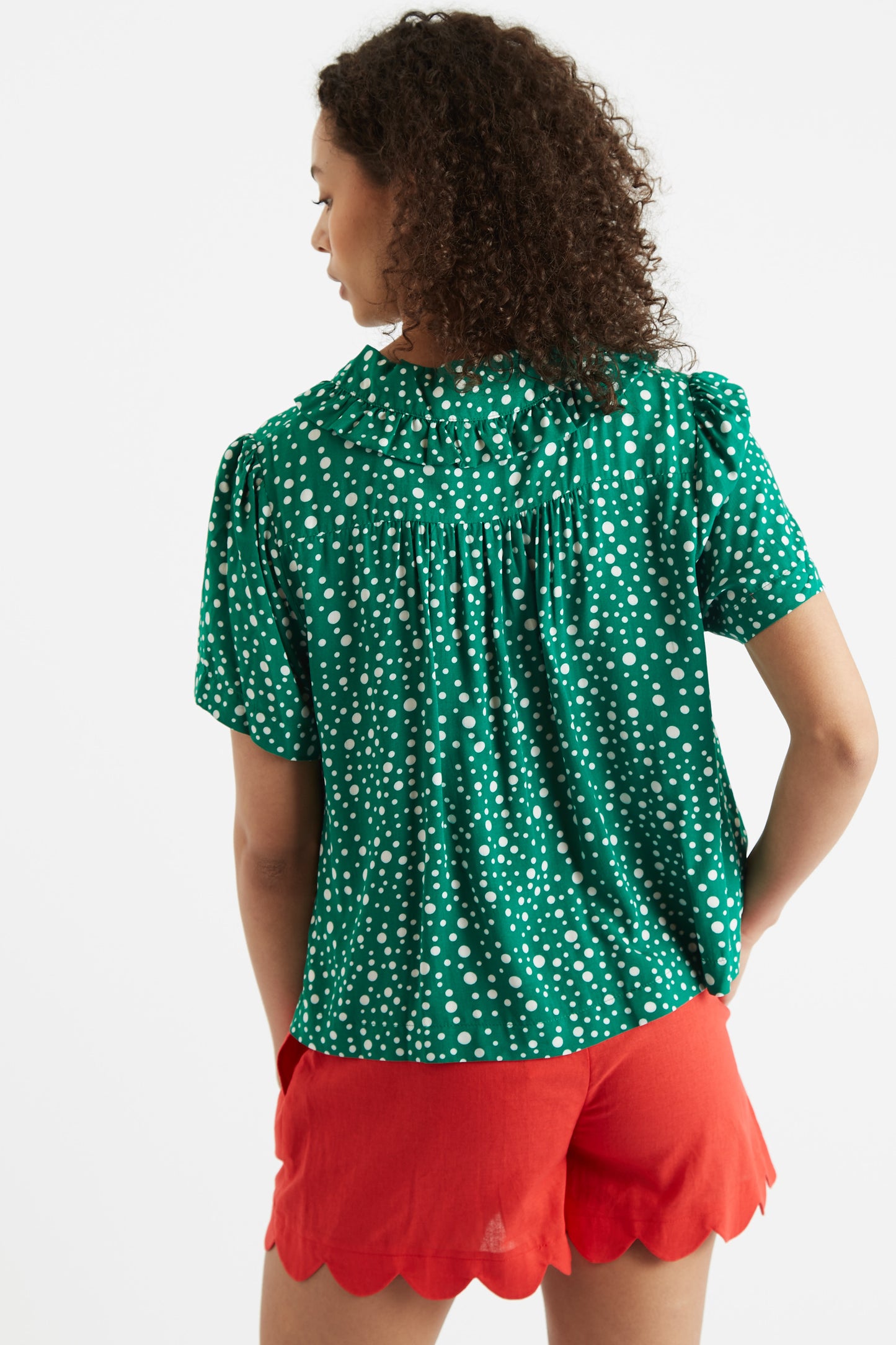 Louche Padma Spot It Print Ruffle Collar Short Sleeve Blouse Green