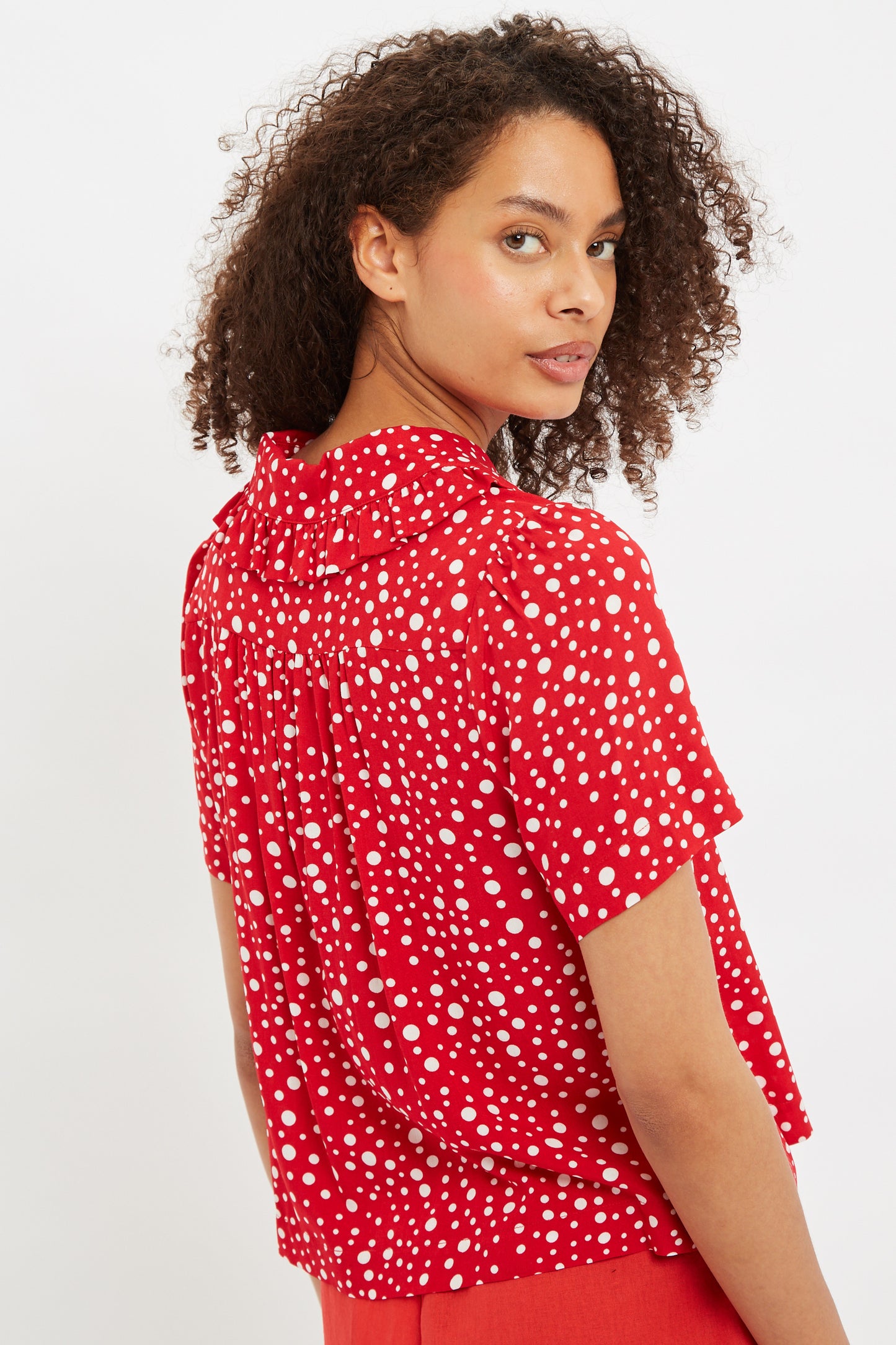 Louche Padma Spot It Print Ruffle Collar Short Sleeve Blouse Red