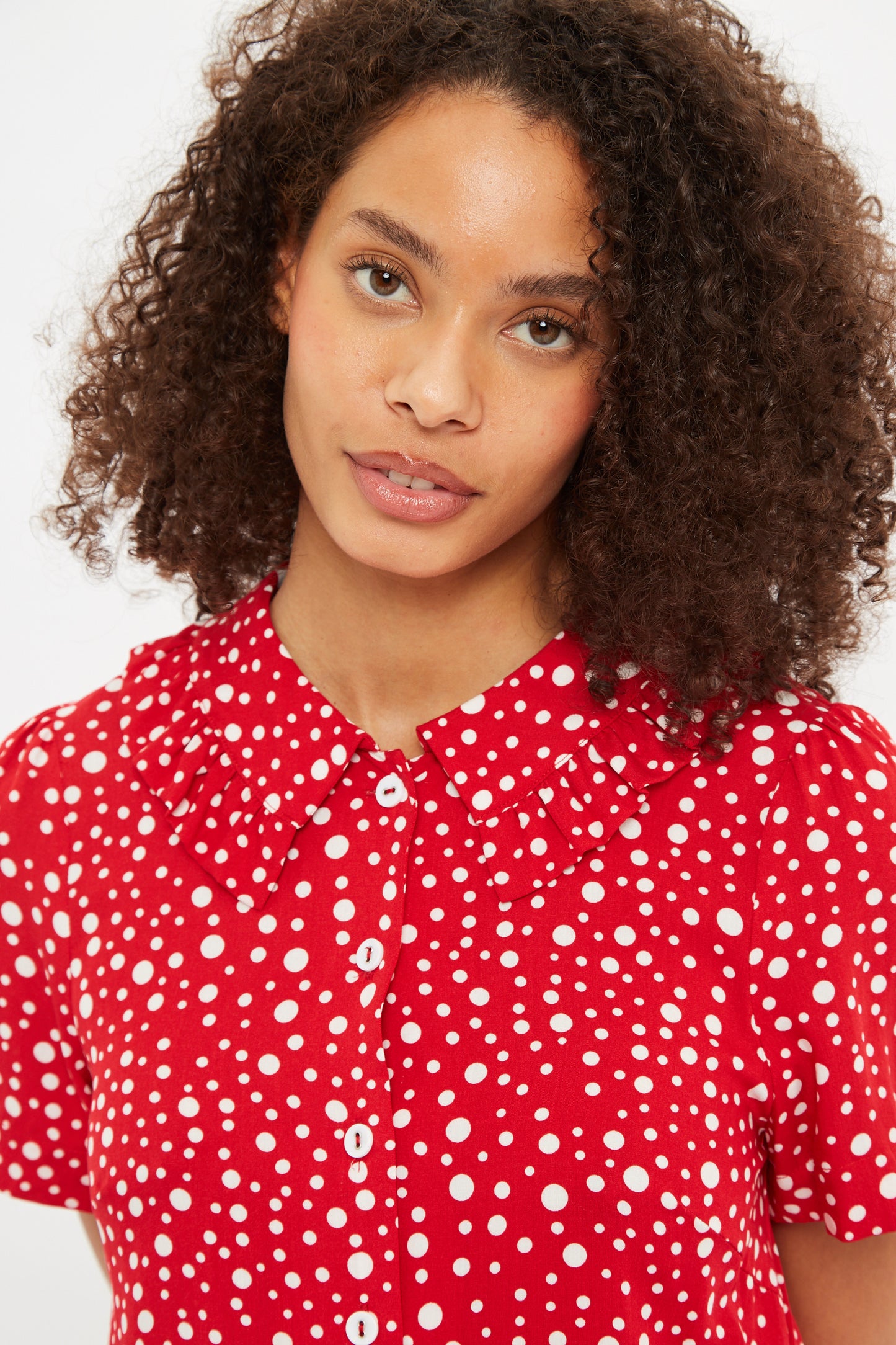 Louche Padma Spot It Print Ruffle Collar Short Sleeve Blouse Red