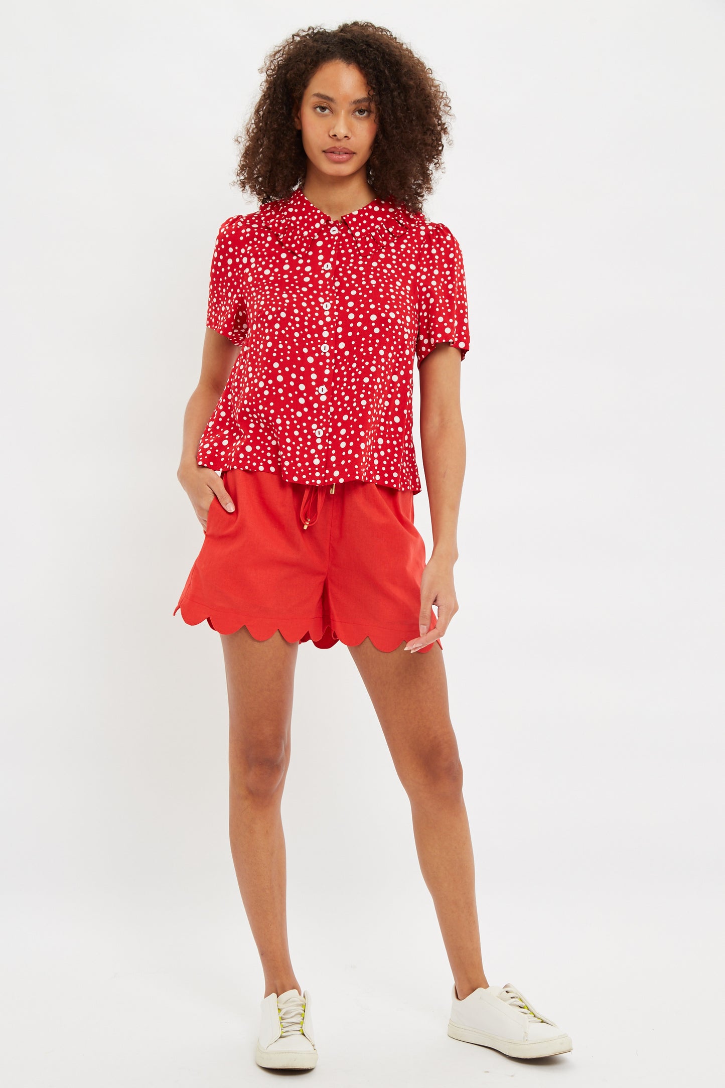 Louche Padma Spot It Print Ruffle Collar Short Sleeve Blouse Red