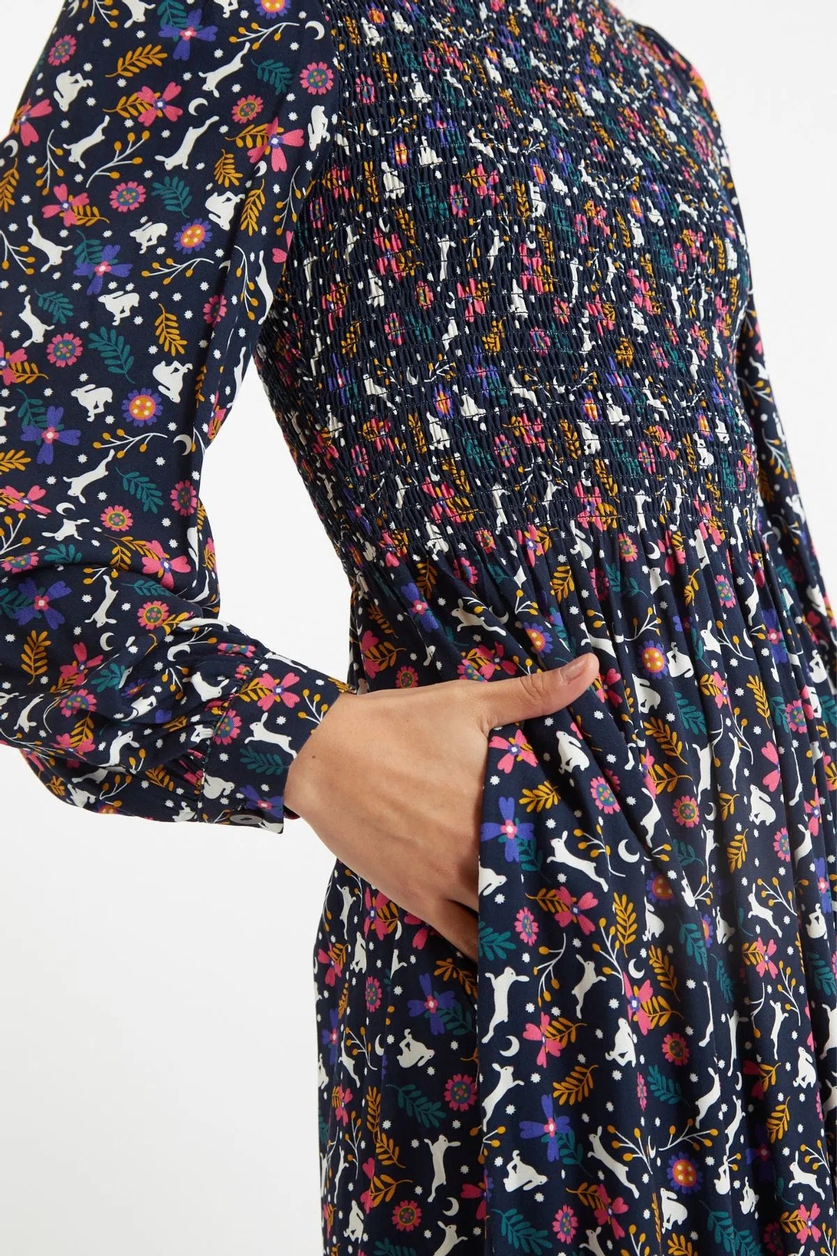 Peppi White Rabbit Print Smocked Bodice Midi Dress - Detail 2
