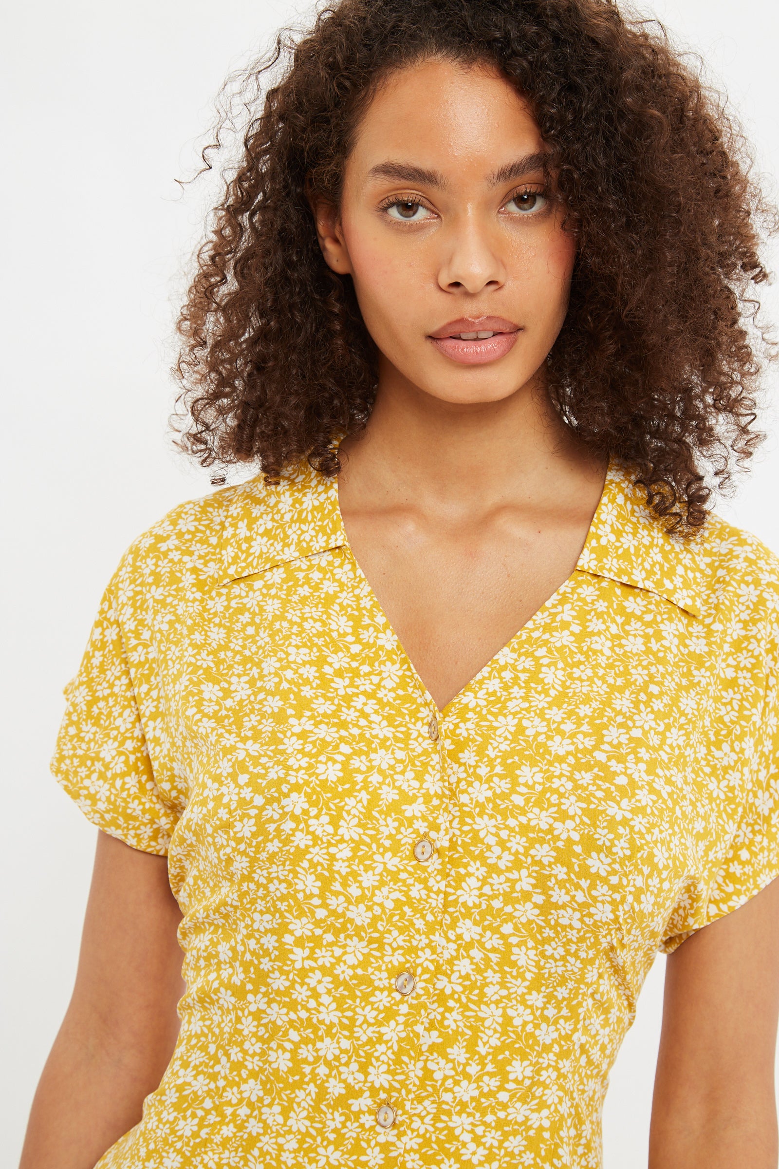 Prudence Micro Blossom Print Short Sleeve Laced Back Mini Dress In Yellow