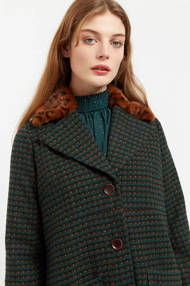 Louche Roksana Cottage Check Faux Fur Collared Coat