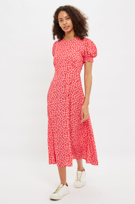 Louche Romola Gingham Twist Print Laced Back Short Sleeve Midi Dress