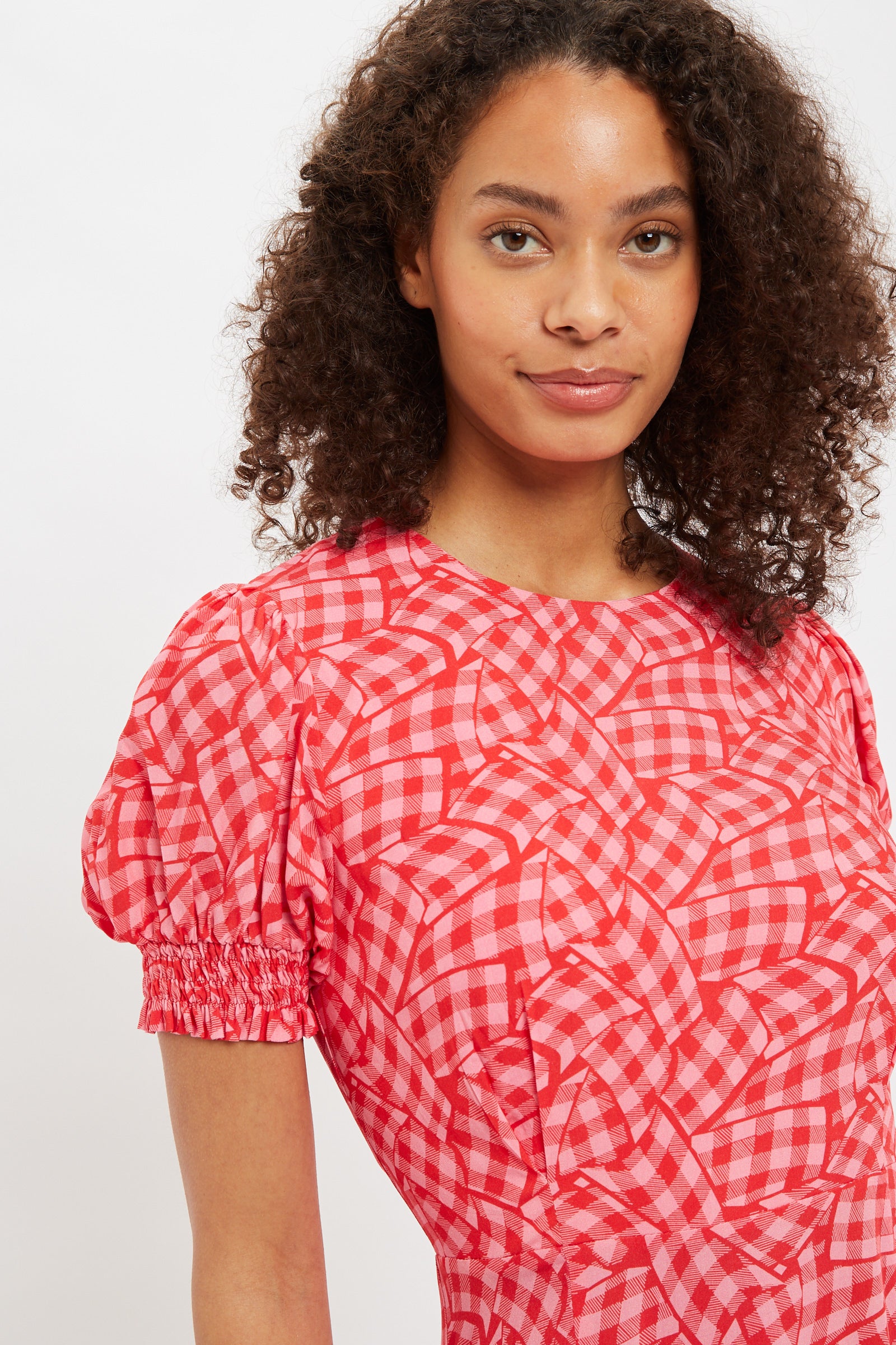 Louche Romola Gingham Twist Print Laced Back Short Sleeve Midi Dress - Detail 2