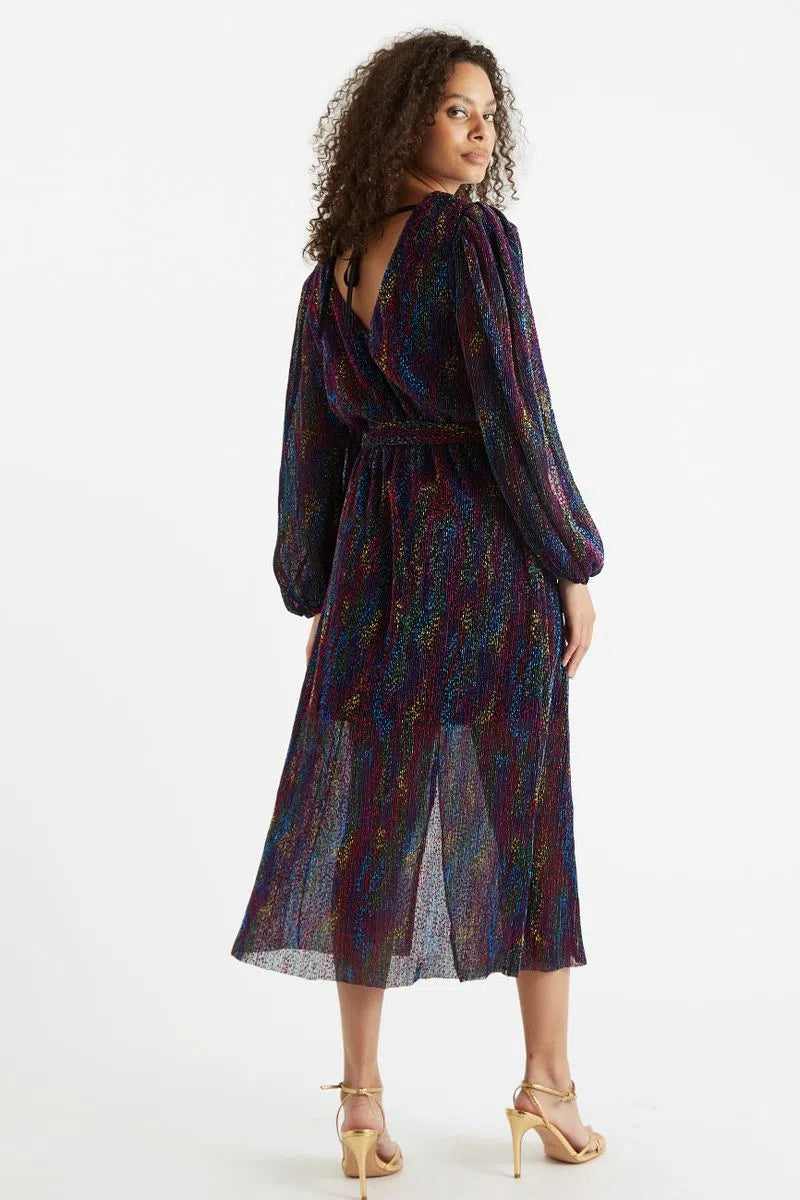 Louche Roza Plisse Foil Print V Back Midi Dress