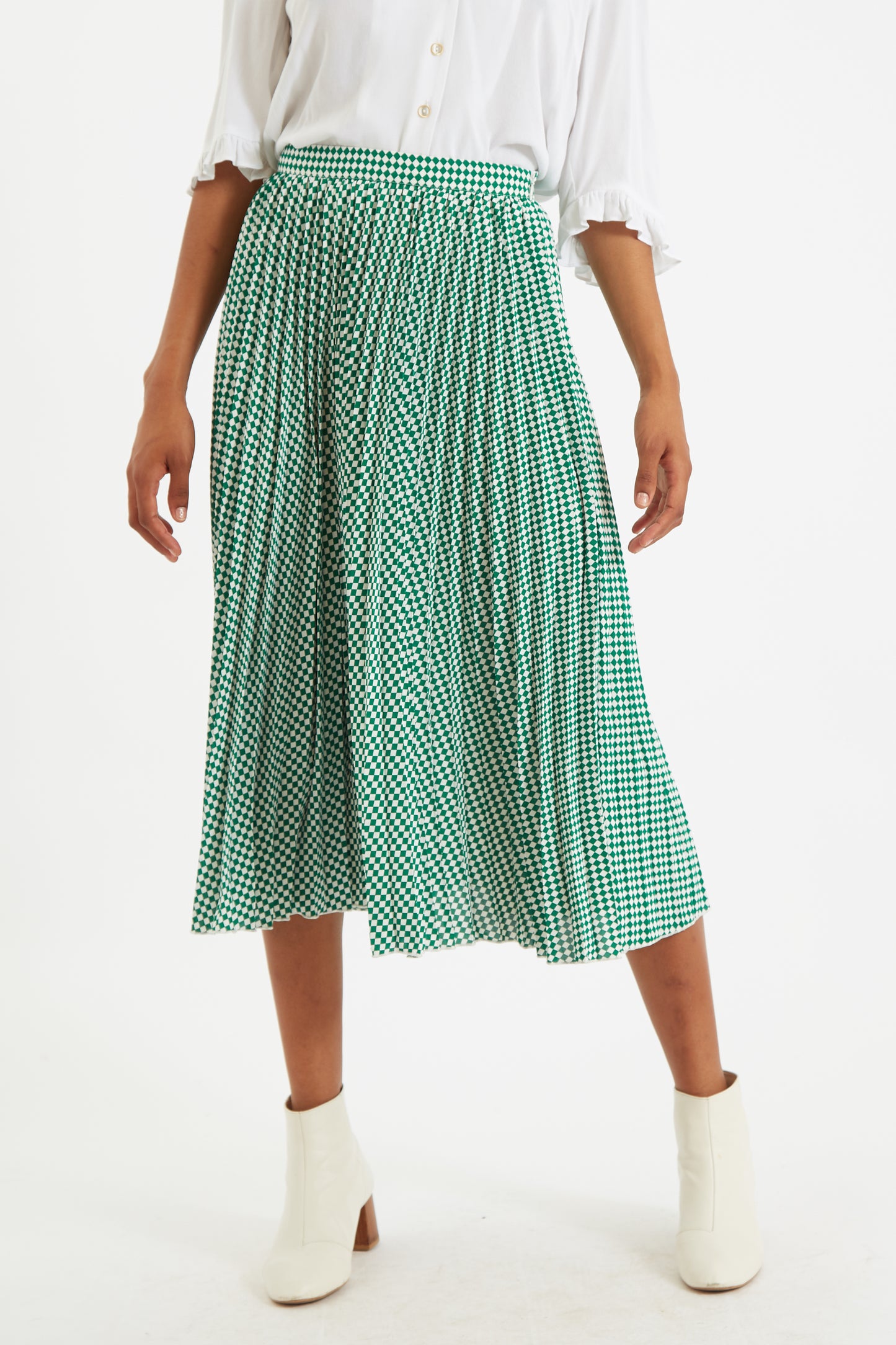 Sabina Green Diamonds Forever Print Pleated Midi Skirt