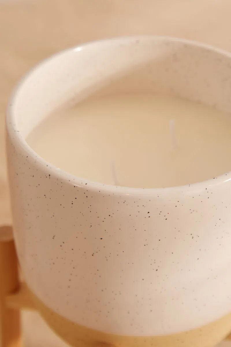 Sandalwood Scented Ceramic Candle on Wooden Stand - Styled